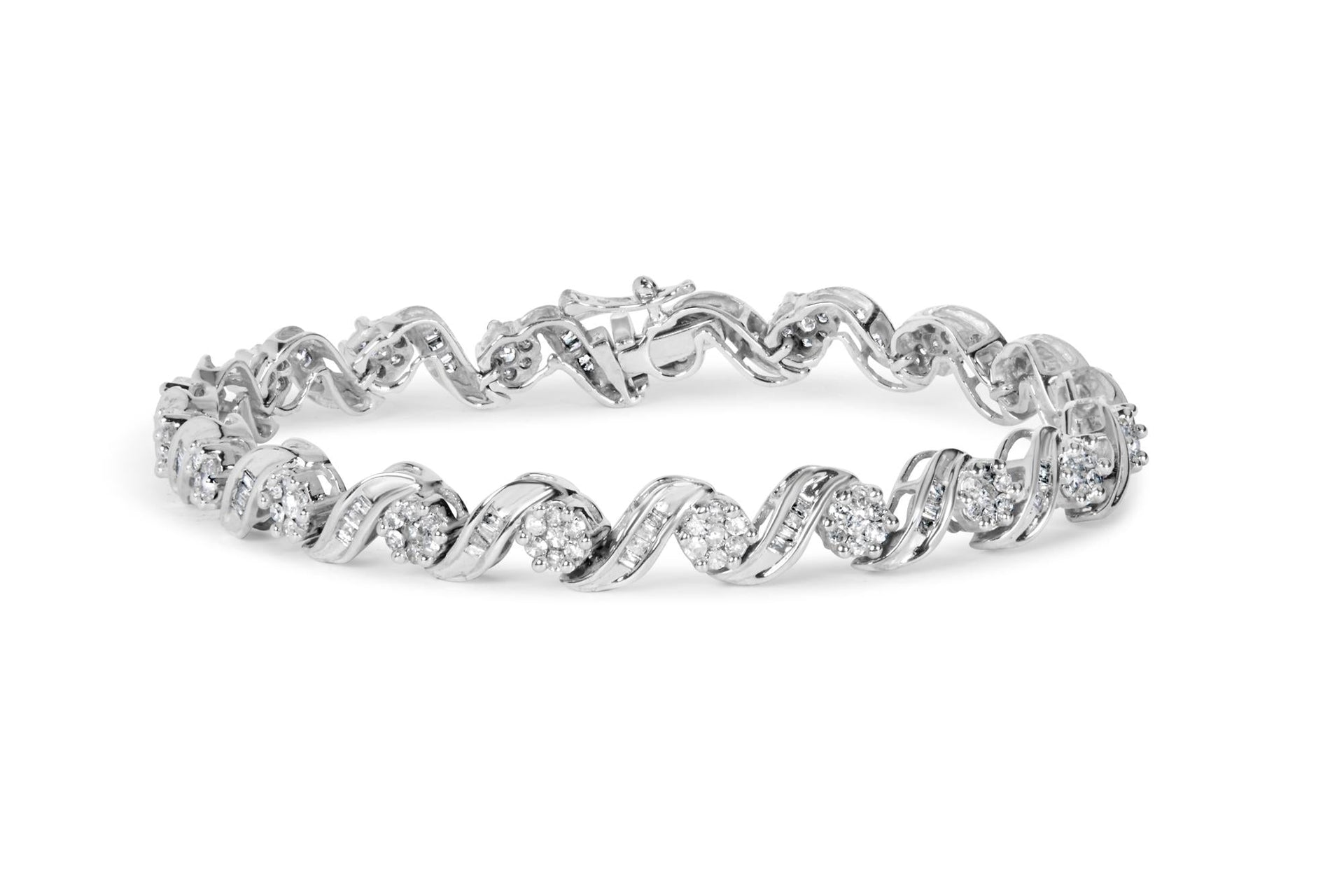 14K White Gold 2.00 Cttw Diamond Cluster and Spiral Link Bracelet (I-J Color, I1-I2 Clarity) - 7'