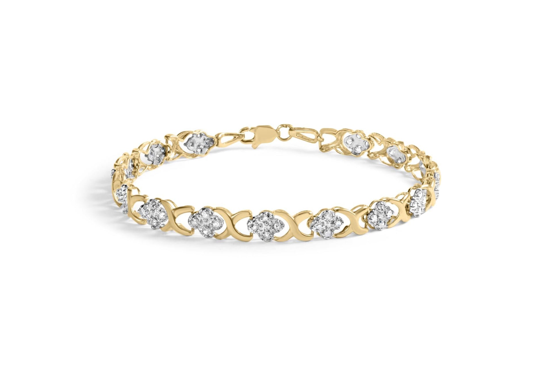 10K Yellow Gold 1.00 Cttw Diamond 5 Stone Floral Cluster and 'X' Link 7' Bracelet (I-J Color, I3 Clarity)