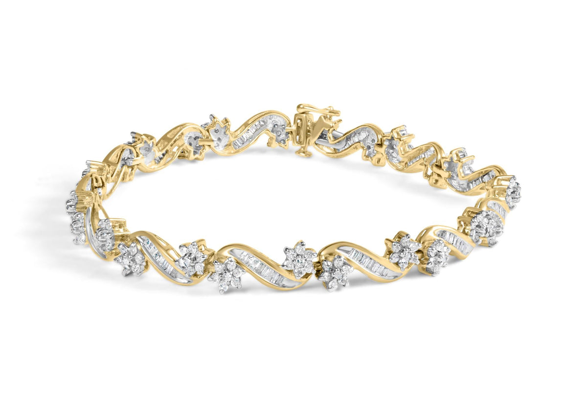 10k Yellow Gold 3.00 Cttw Round-Cut and Baguette-Cut Floral Link 7.25' Bracelet (I-J Color, I1-I2 Clarity)