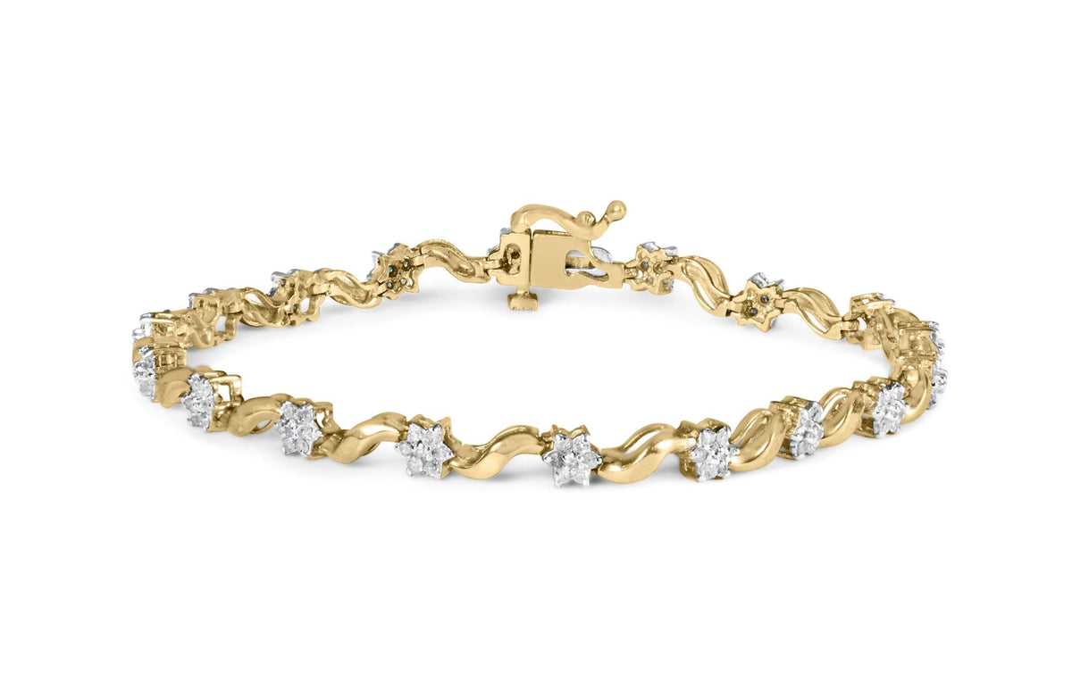 10k Yellow Gold 1.00 Cttw Round-Cut Diamond Floral S-Link 7.50' Bracelet (I-J Color, I2-I3 Clarity)