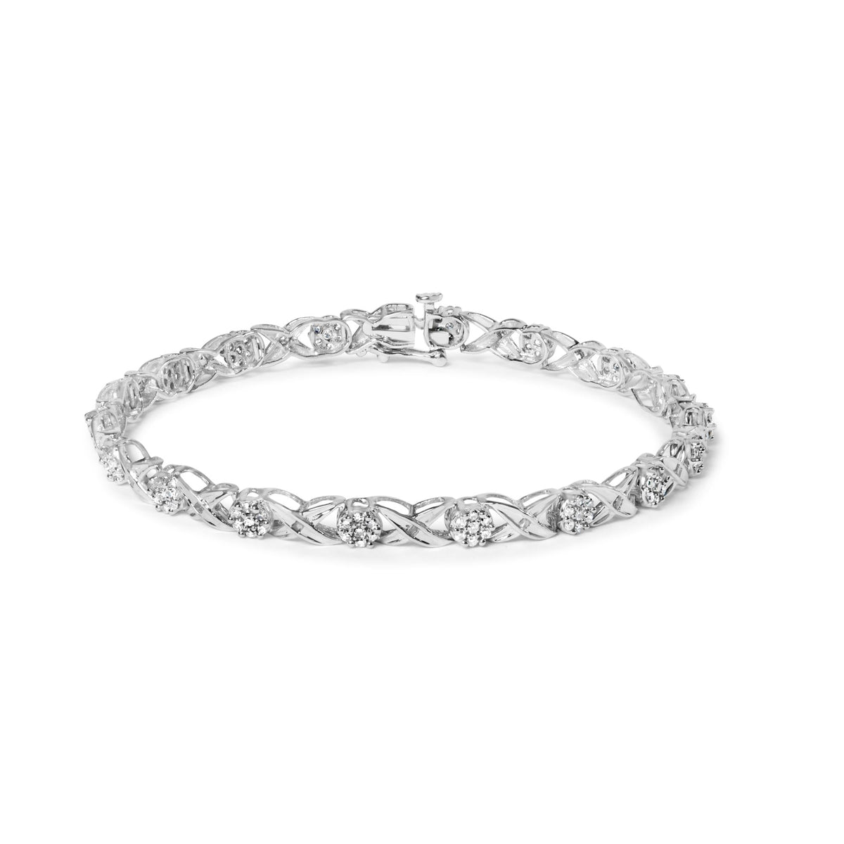 10K White Gold 1.00 Cttw Diamond Floral Cluster and X-Link 7.25' Bracelet (I-J Color, I1-I2 Clarity)