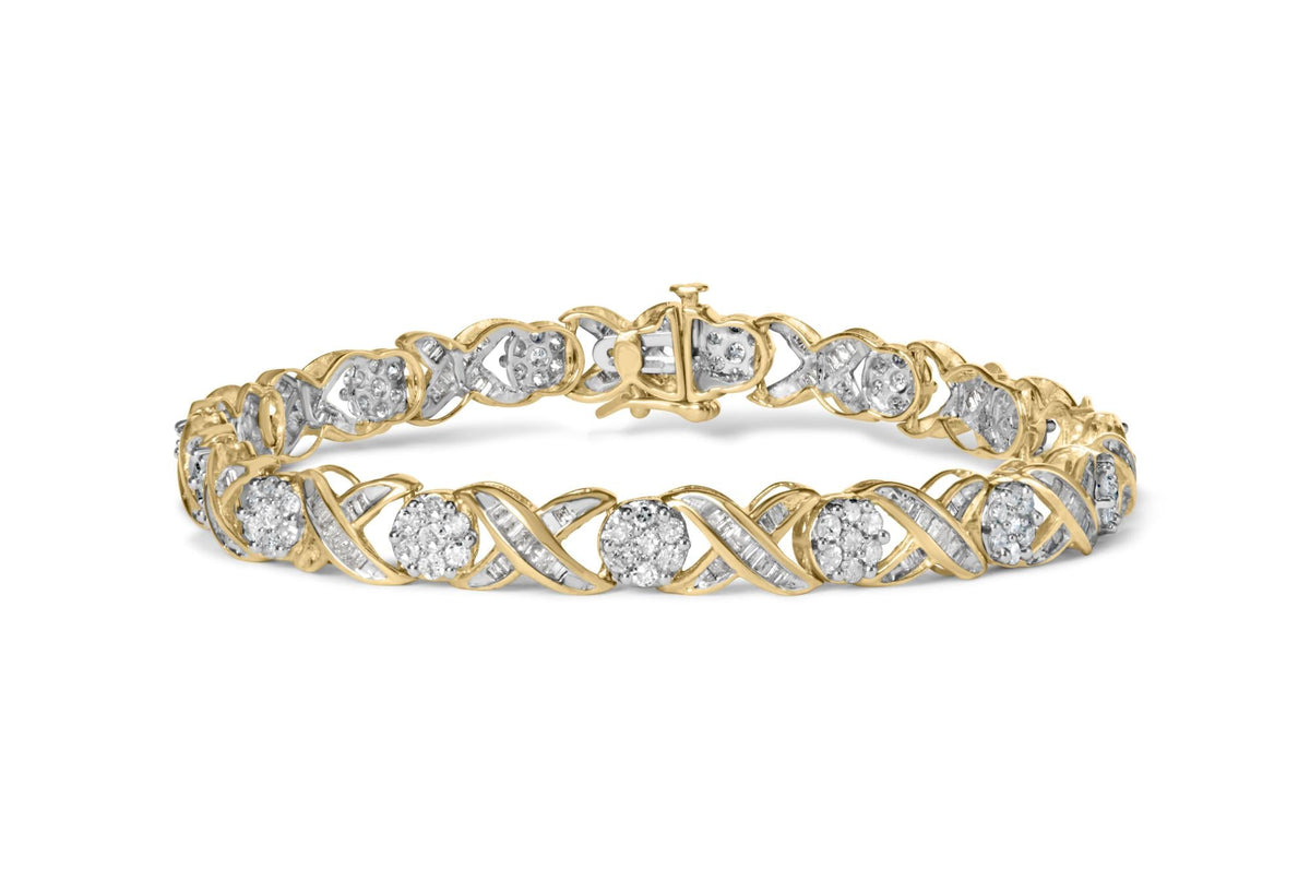 10K Yellow Gold 3.00 Cttw Round-Cut and Baguette-Cut Diamond 'XOXO' Floral Design 7.50' Bracelet (J-K Color, I1-I2 Clarity)