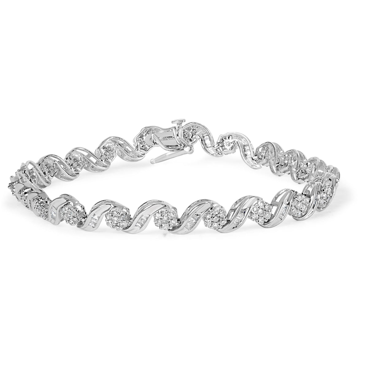 10K White Gold 2.00 Cttw Round-Cut and Baguette-Cut Diamond Floral Design Swirl Link 7' Bracelet (I-J Color, I1-I2 Clarity)