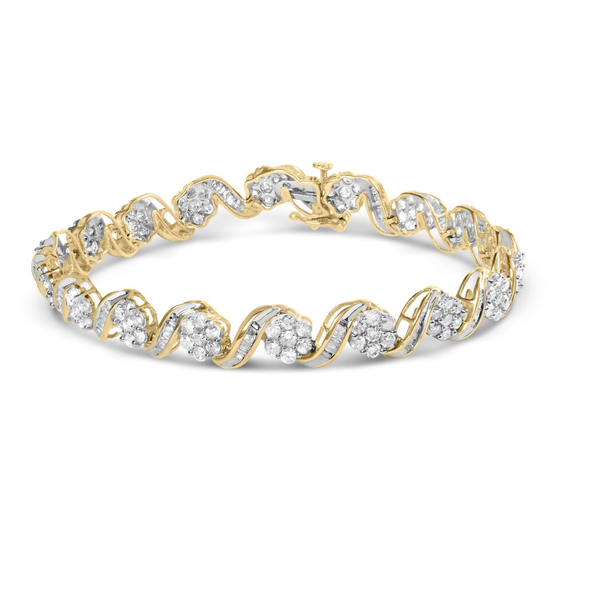 10k Yellow Gold 5.00 Cttw Round-Cut and Baguette-Cut Diamond Floral Link 7.25' Bracelet (I-J Color, I2-I3 Clarity)