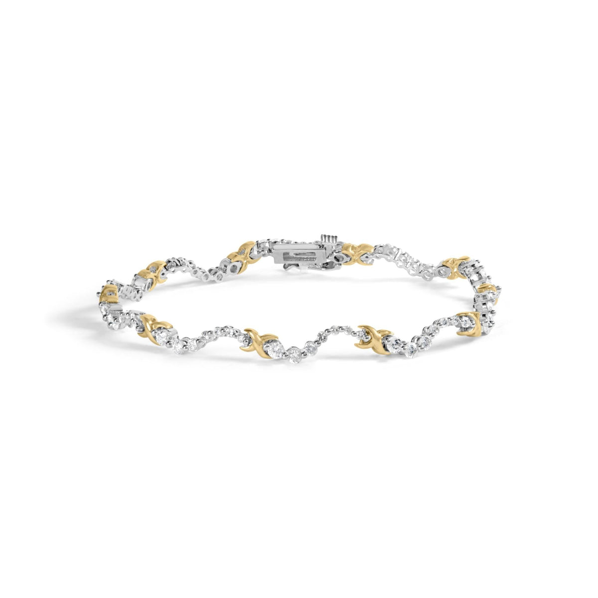 10K Two-Tone 2.00 Cttw Diamond 'X' and Wave Link Bracelet (H-I Color, I1-I2 Clarity) - 7' Inches