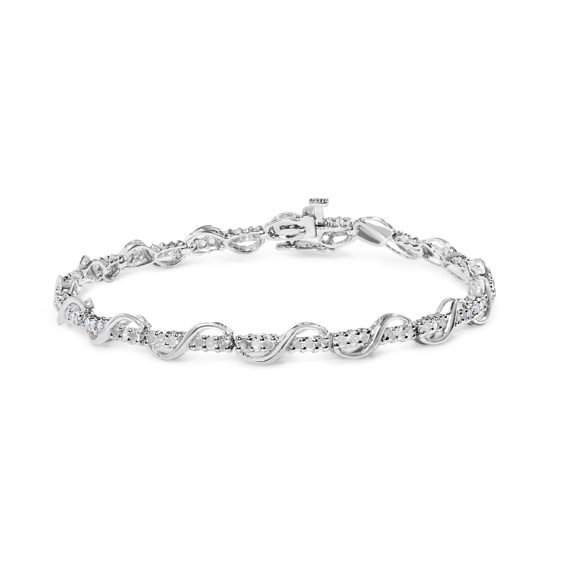 10K White Gold 1.00 Cttw Round-Cut Diamond Tennis Bracelet with Swirl Link (H-I Color, I3 Clarity) - 7' Inches