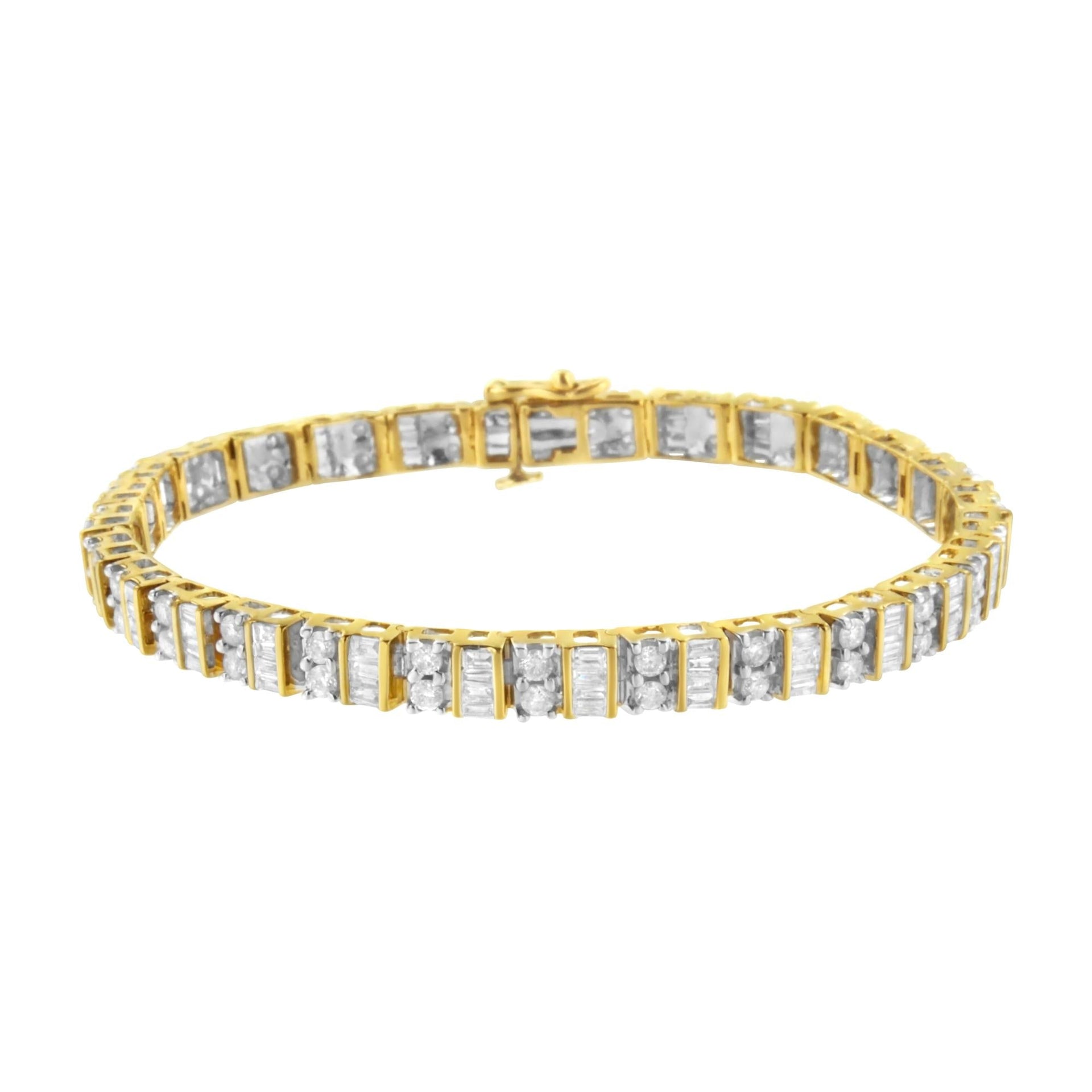 10K Yellow Gold 4.0 Cttw Alternating Baguette & Round Cut Diamond Bezel- & Prong-Set 7' Tennis Bracelet (G-H Color, SI1-SI2 Clarity)