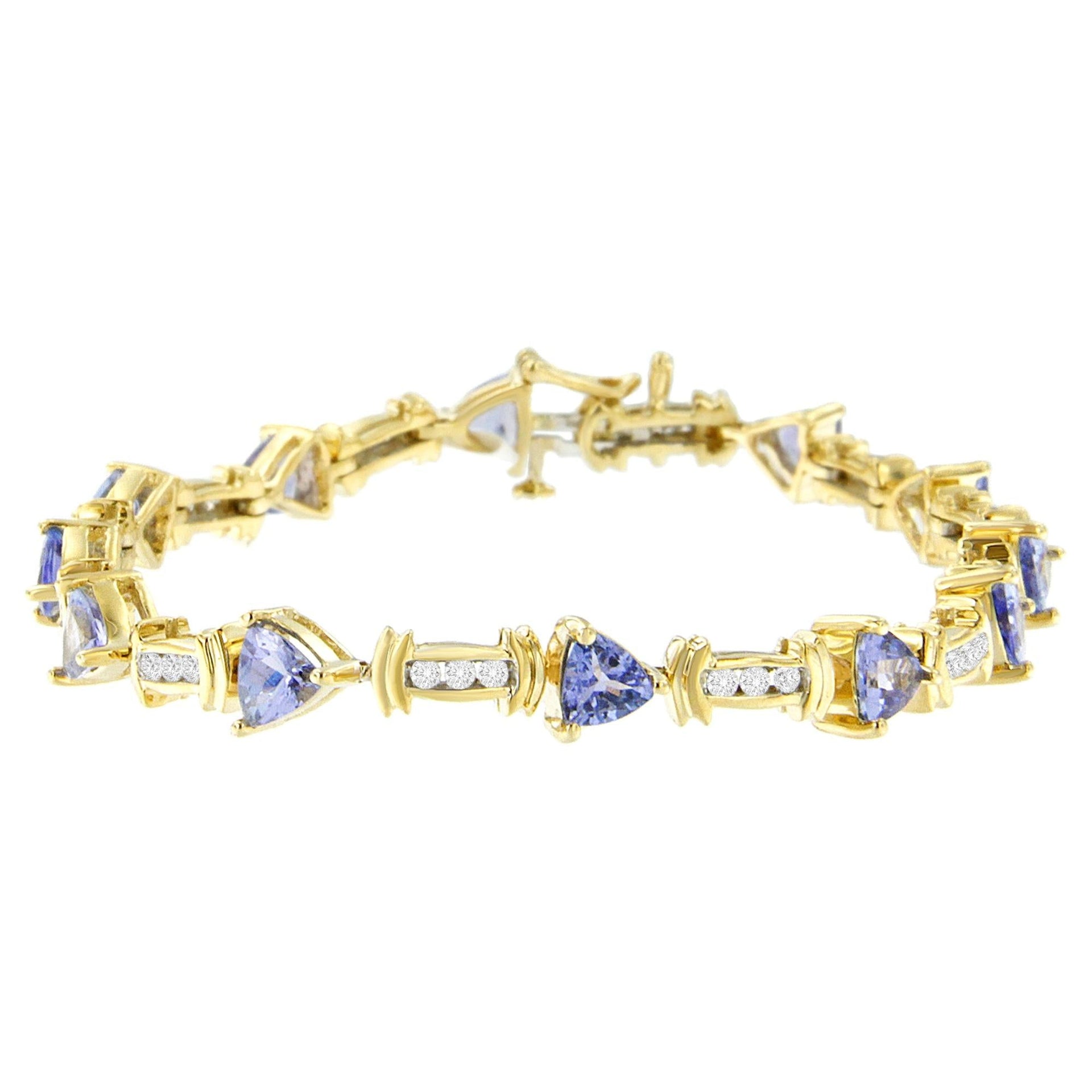 14K Yellow Gold 4x3 Trillion Cut Purple Tanzanite and Diamond Link Bracelet (H-I Color, SI2-I1 Clarity) - 7' Inches