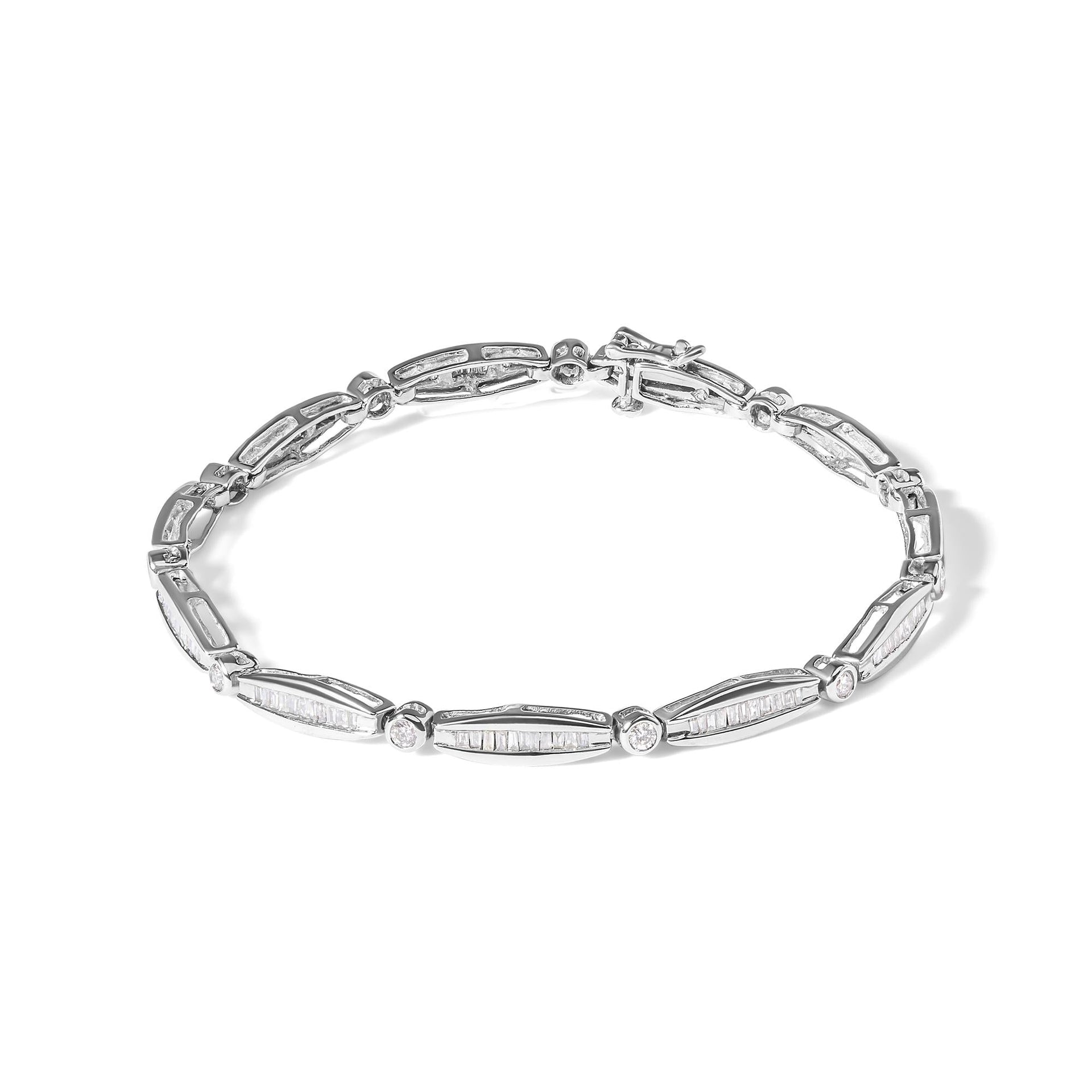 14K White Gold 1-1/2 Cttw Round Brilliant-Cut & Baguette Cut Diamond Bezel and Tapered Link 7' Tennis Bracelet (H-I Color, I1-I2 Clarity)