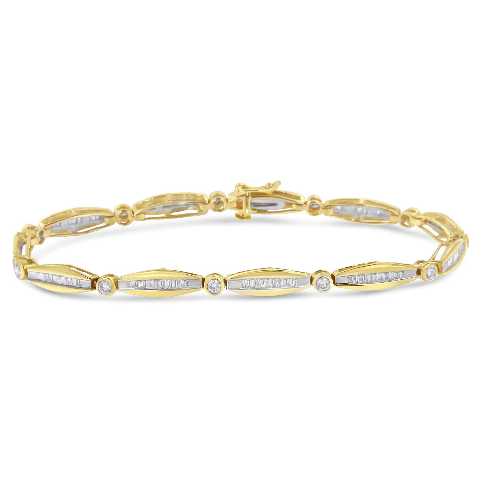14K Yellow Gold 1-1/2 Cttw Round Brilliant-Cut & Baguette Cut Diamond Bezel and Tapered Link 7' Tennis Bracelet (H-I Color, I1-I2 Clarity)