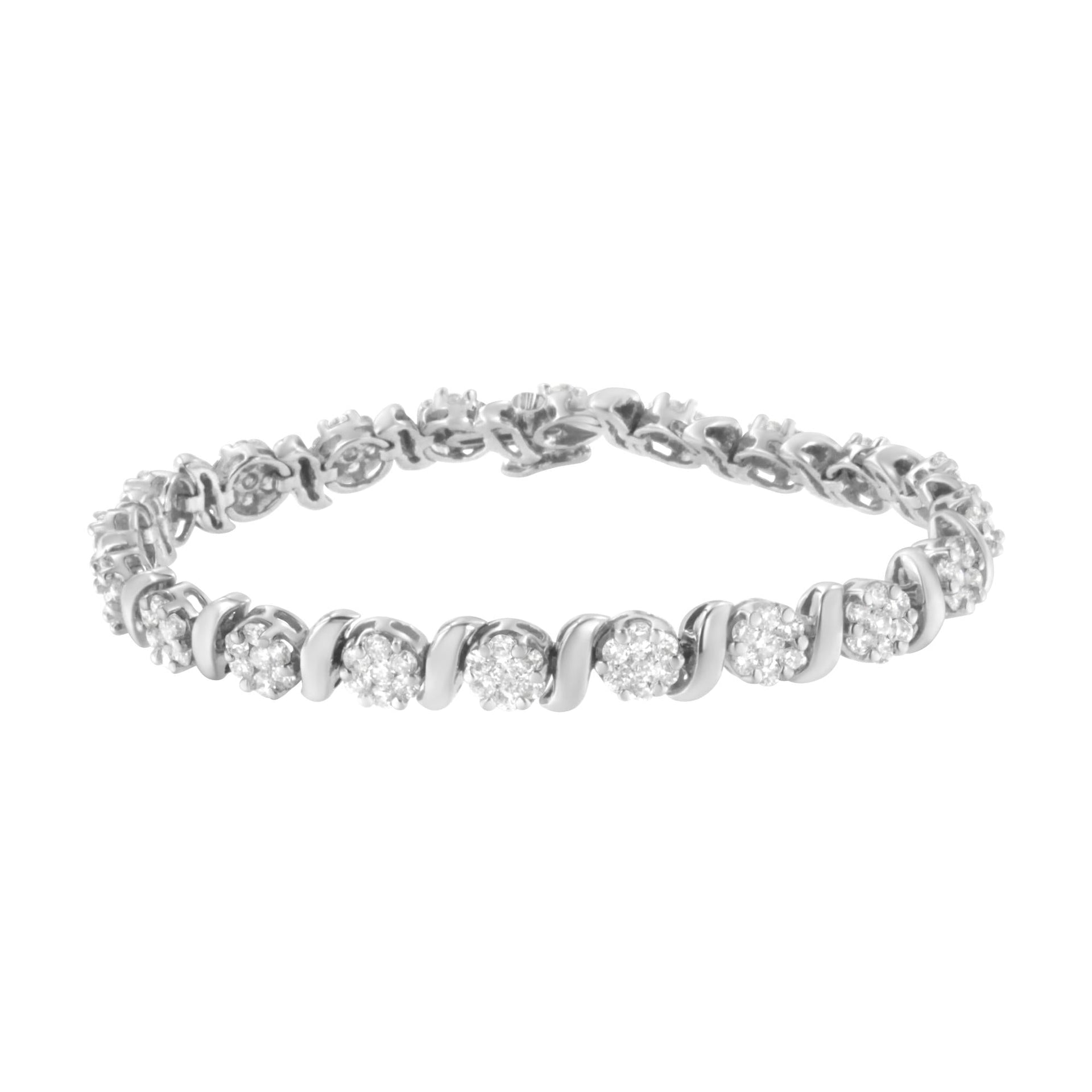 14K White Gold 5 1/4 cttw Diamond S-Link Floral Cluster Tennis Bracelet (I-J Clarity, SI2-I1 Color) - Size 7'