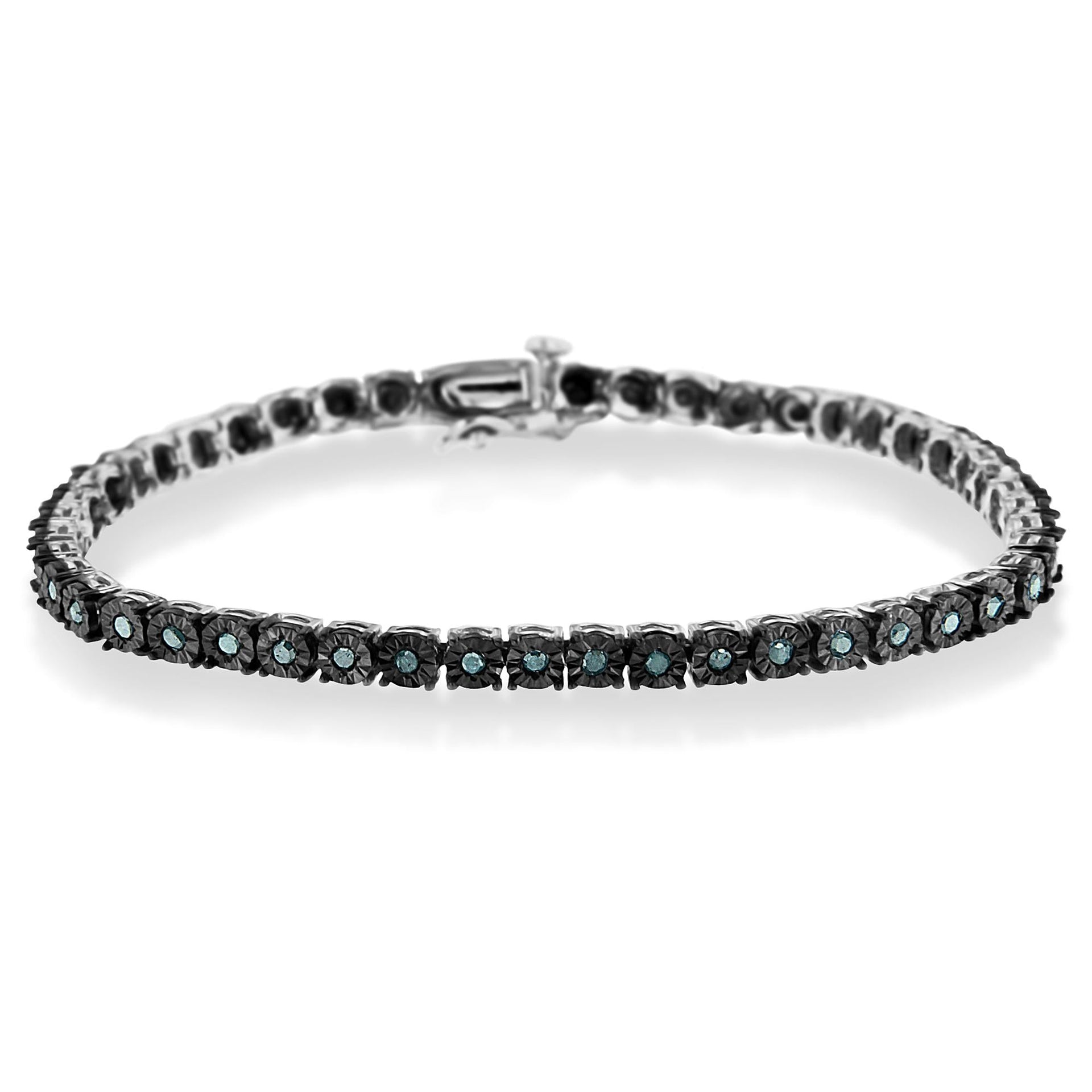 Black Rhodium Plated .925 Sterling Silver 1.0 Cttw Diamond Miracle Tennis Bracelet (Enhanced Blue Color, I3 Clarity) - 7'
