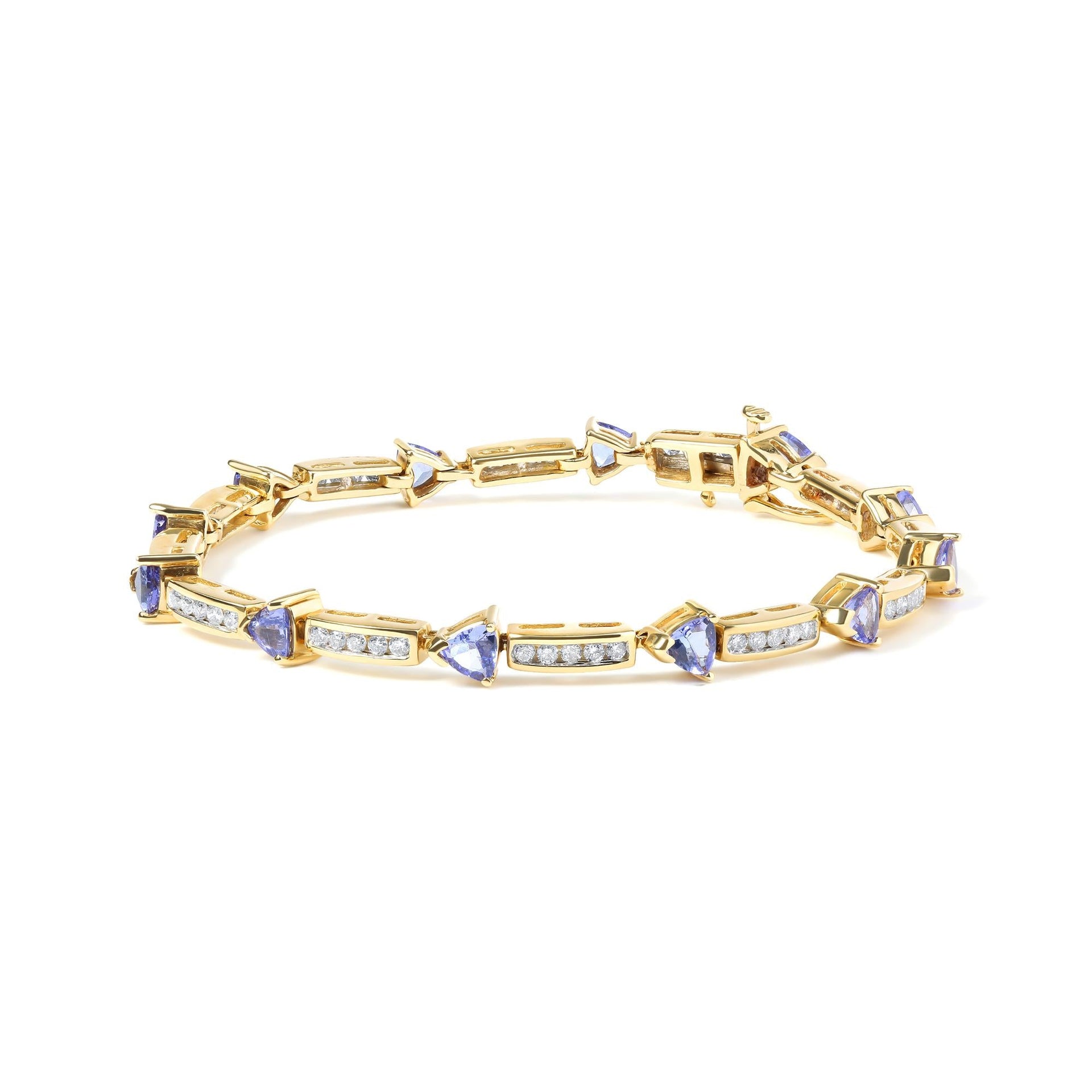 14K Yellow 5MM Trillion Cut Blue Tanzanite and 1 1/10 Cttw Diamond Tennis 7' Inches Bracelet (H-I Color, I1-I2 Clarity)