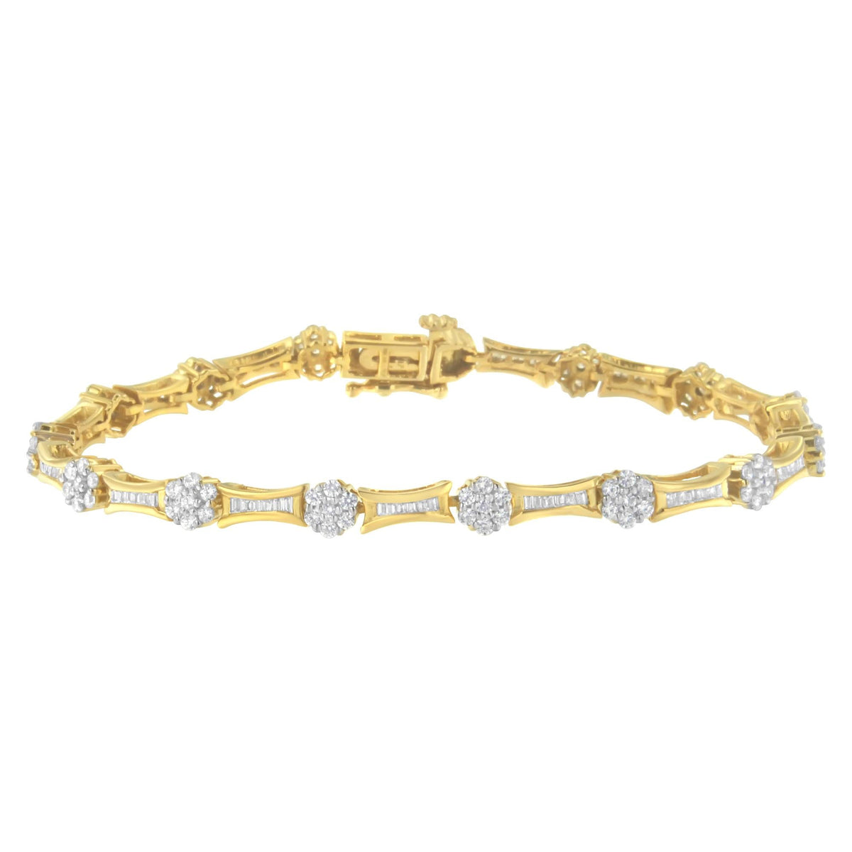 10K Yellow and White Gold 2.00 cttw Round and Baguette-Cut Diamond Link Bracelet (I-J Color, I2-I3 Clarity) - Size 7.25'