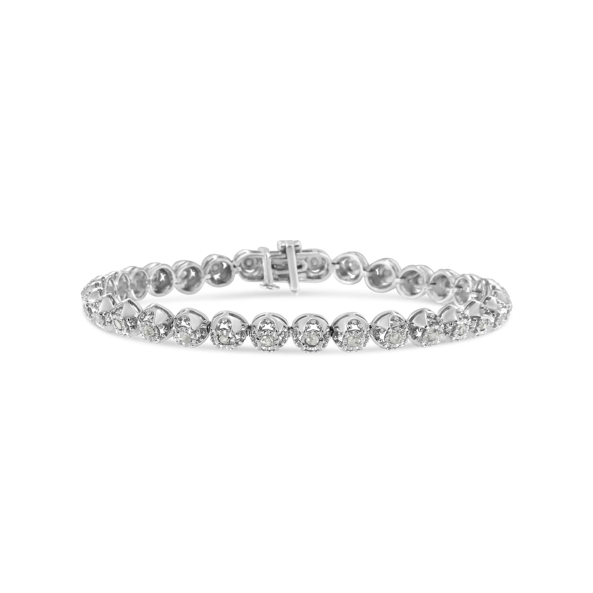 .925 Sterling Silver 1.0 Cttw Diamond Miracle-Plate Open Quatrefoil Flower Circle-Link 7' Tennis Bracelet (I-J color, I3 clarity)
