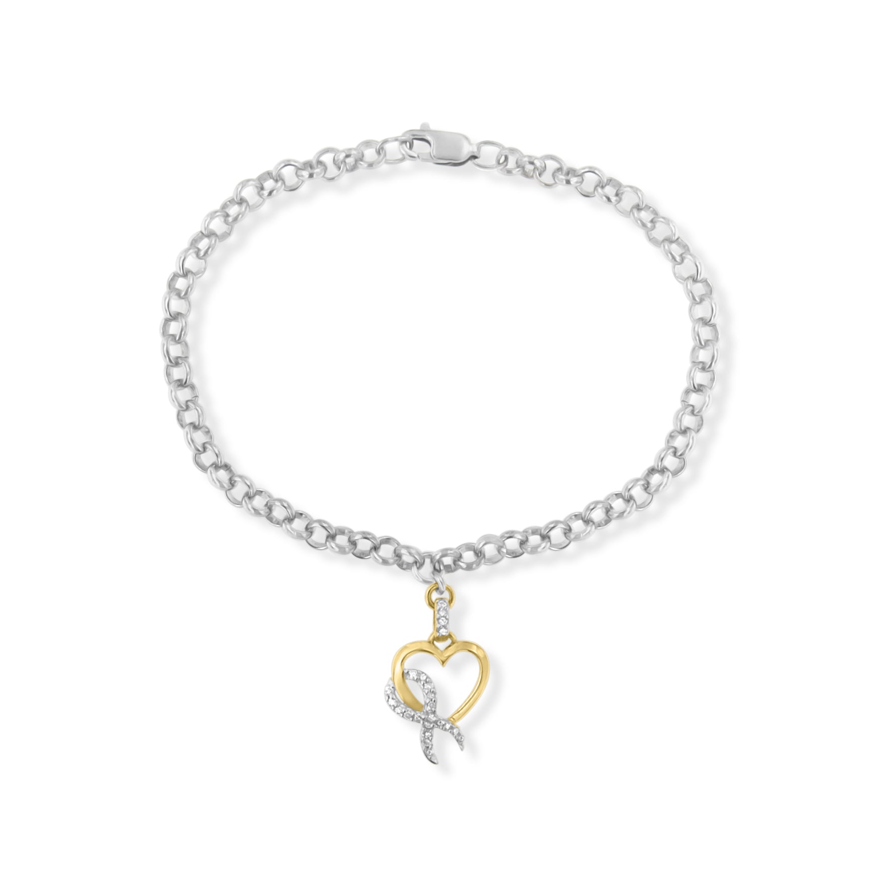 10K Yellow Gold 1/10 Cttw Diamond Awareness Ribbon & Heart Charm on 7' .925 Sterling Silver Rolo Bracelet (H-I Color, I1-I2 Clarity)
