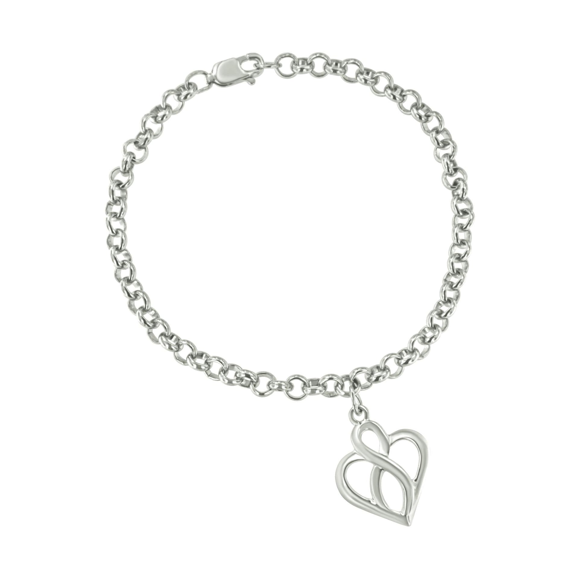 .925 Sterling Silver Open Heart with Center Vertical Infinity Chain Charm Bracelet - Size 7'