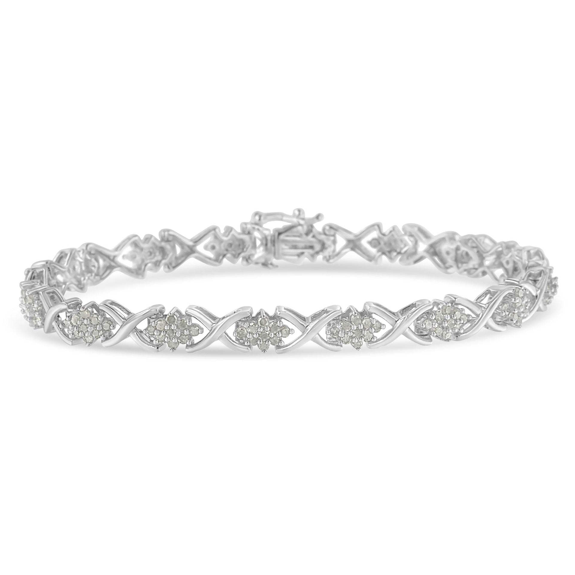 .925 Sterling Silver 1-1/2 Cttw Diamond Cluster X Link 7' Tennis Bracelet (I-J color, I3 clarity)