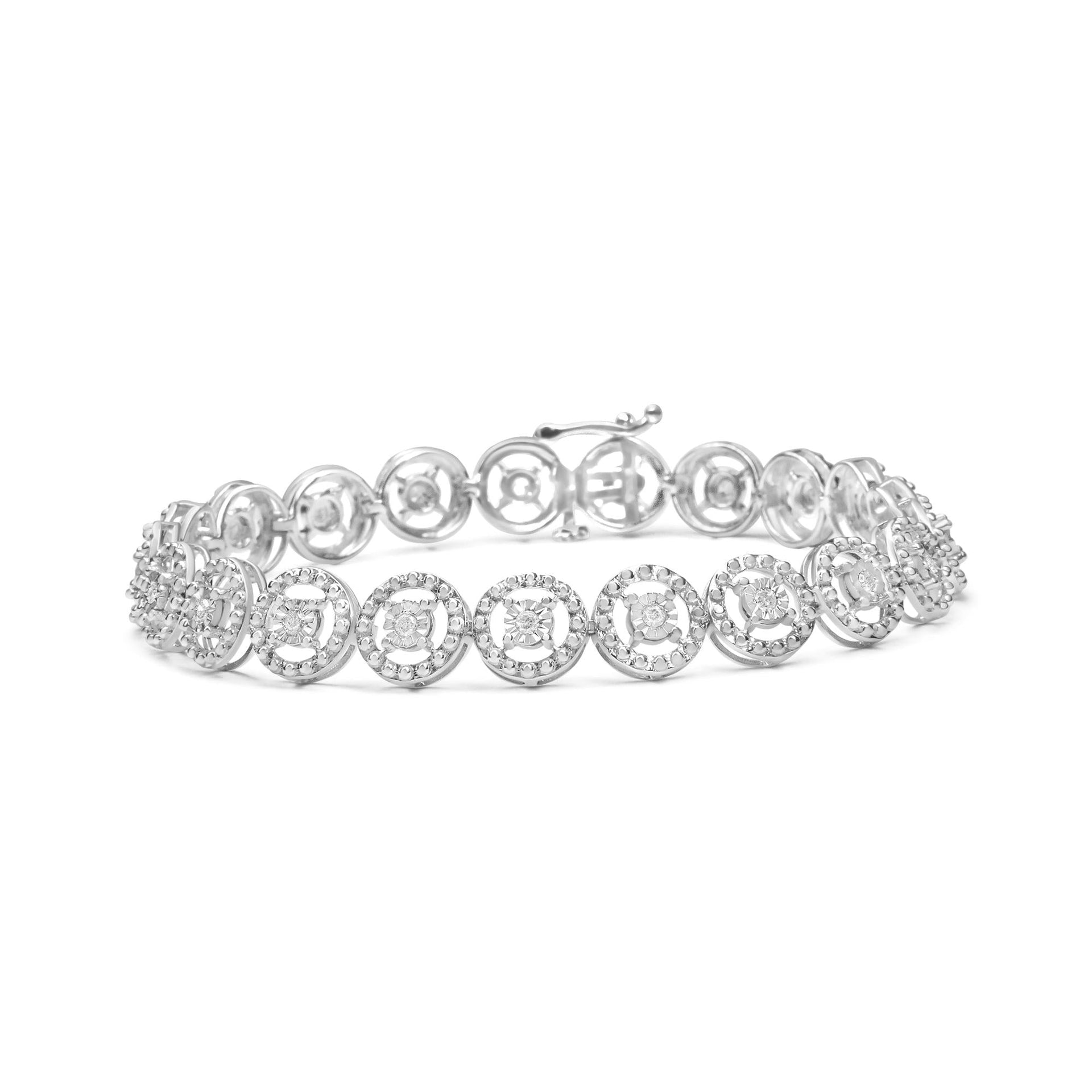 .925 Sterling Silver 1/2 Cttw Diamond Nested Circle Miracle Set Open Wheel 7' Fashion Link Bracelet (I-J Color, I3 Clarity)