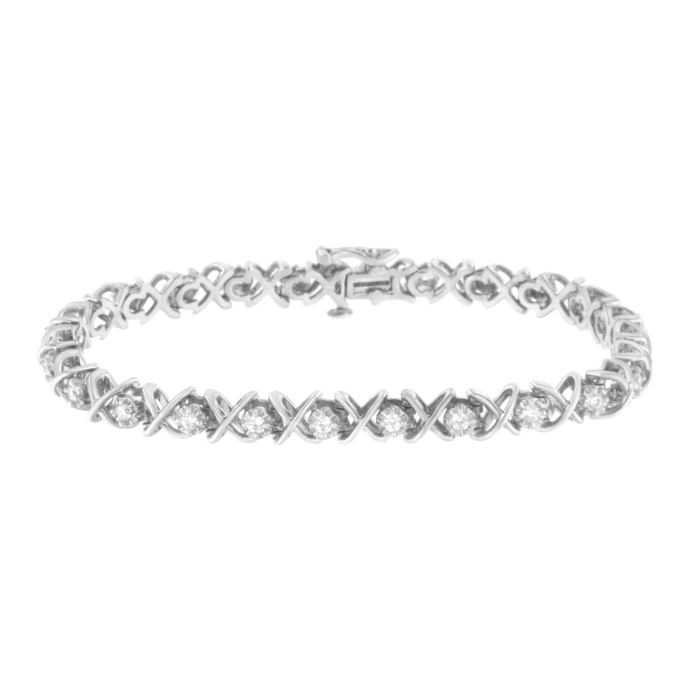 .925 Sterling Silver 1 cttw Brilliant Round-Cut Diamond 'X' Link Bracelet (I-J Clarity, I2-I3 Color) - Size 7'