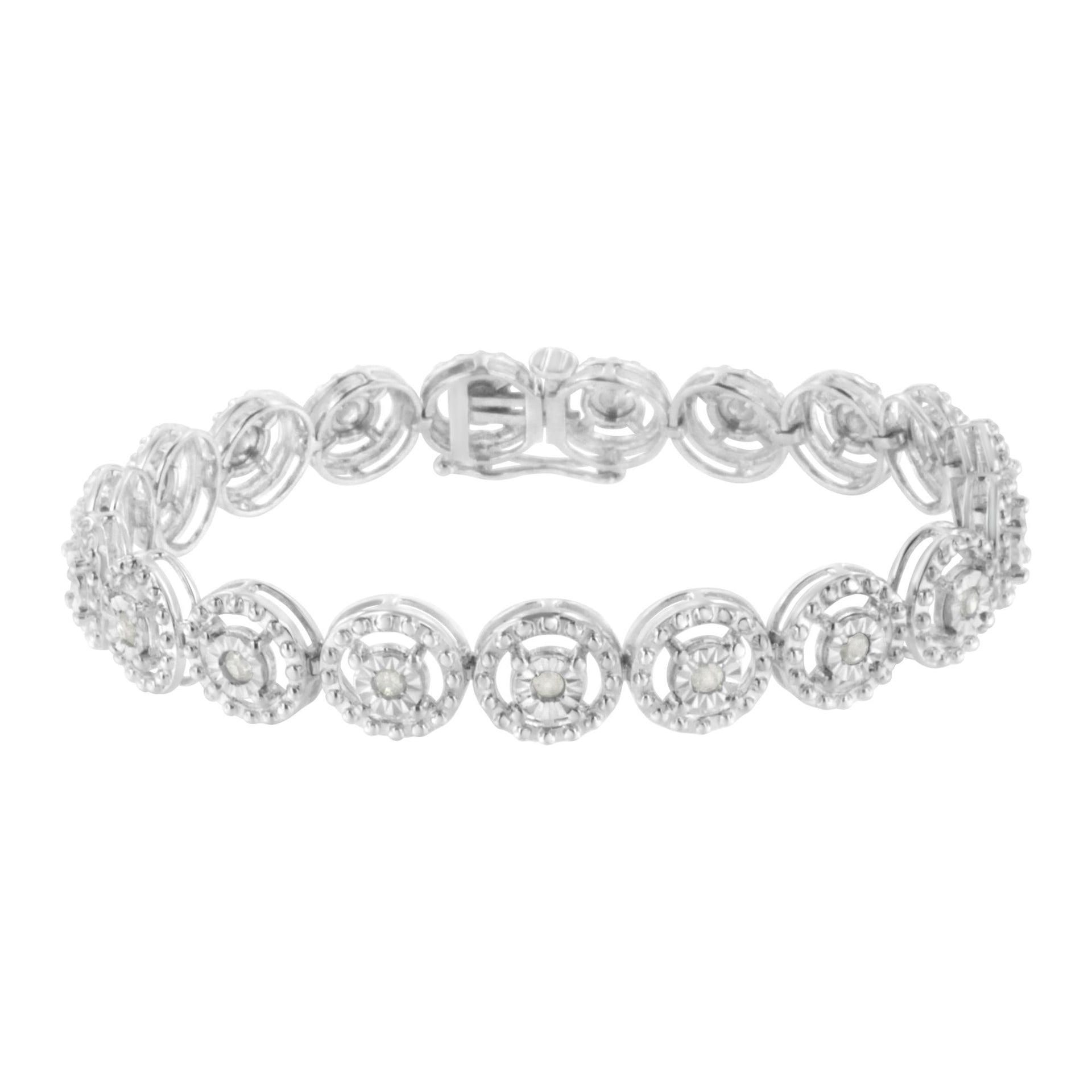 .925 Sterling Silver 1.0 Cttw Diamond Nested Circle Miracle Set Open Wheel 7' Fashion Link Bracelet (I-J Color, I3 Clarity)