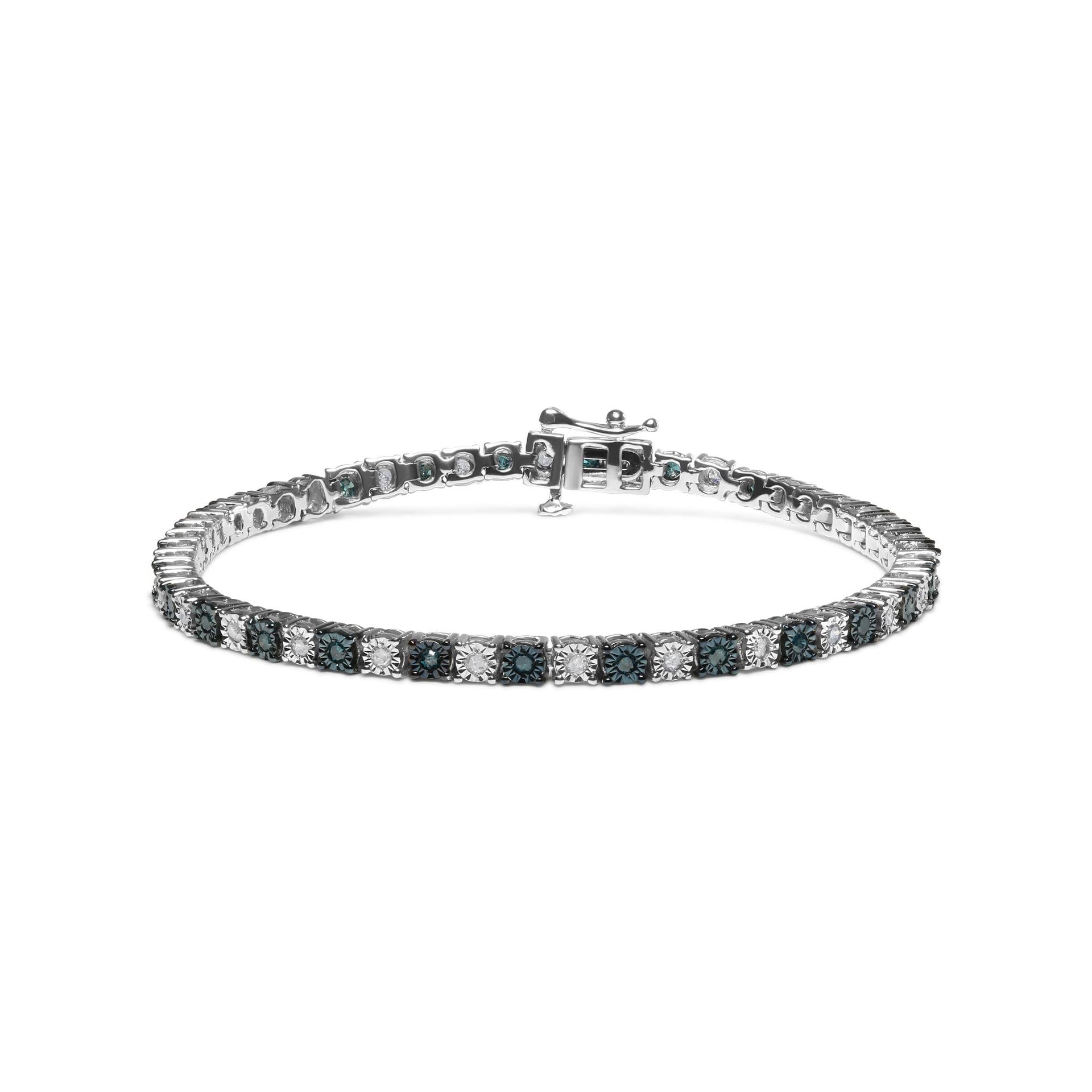 .925 Sterling Silver 1.0 Cttw with Alternating Round White Diamond and Round Treated Blue Diamond Tennis Bracelet (Blue and I-J Color, I3 Clarity) - Size 7' Inches