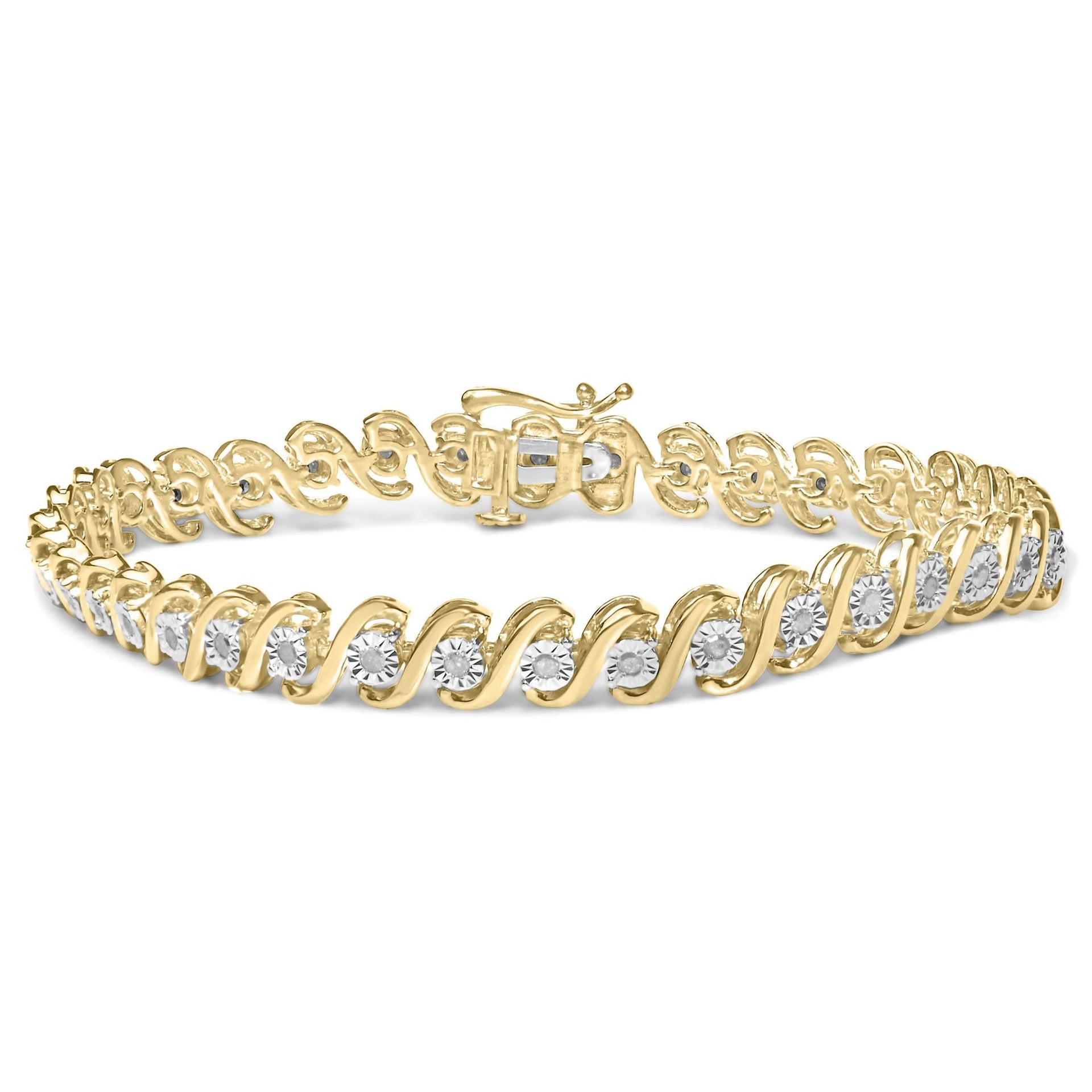 14K Yellow Gold Plated .925 Sterling Silver 1/2 Cttw Round Miracle-Set Diamond S-Curve Tennis Bracelet (I-J Color, I3 Clarity) - 7'