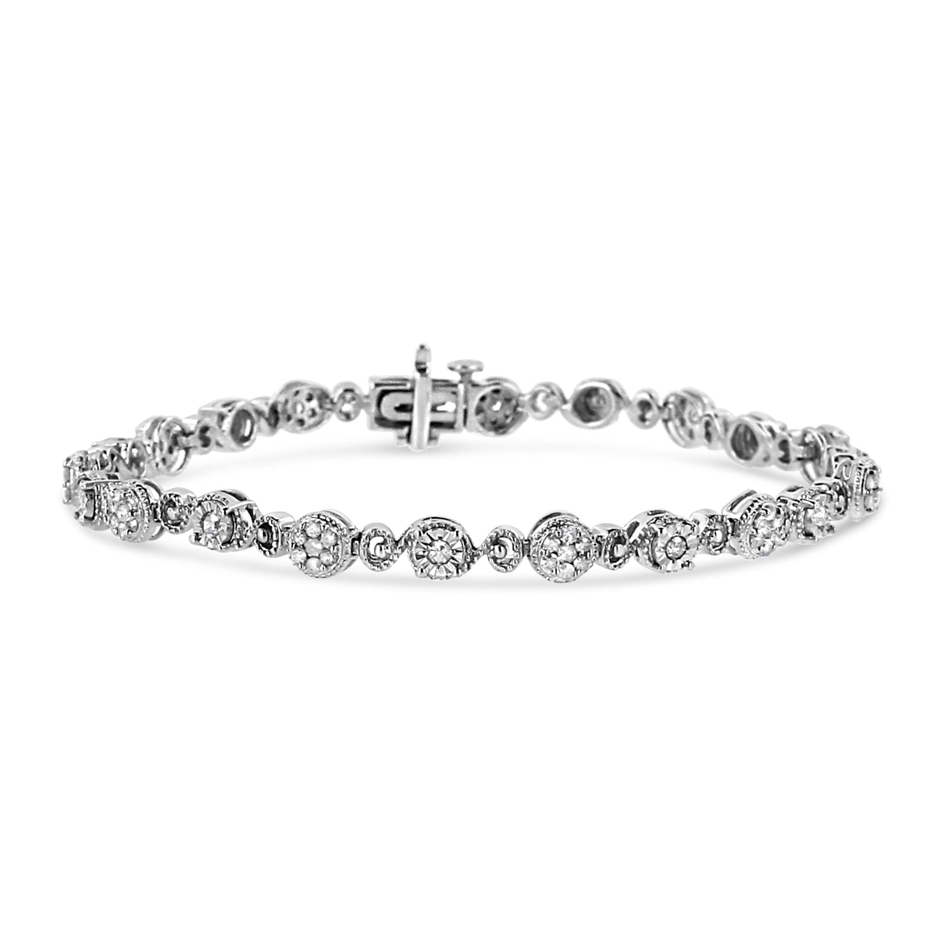 .925 Sterling Silver 1.0 Cttw Diamond Swirl Beaded Link Bracelet (I-J Color, I3-Promo Clarity) - 7.25' Inches