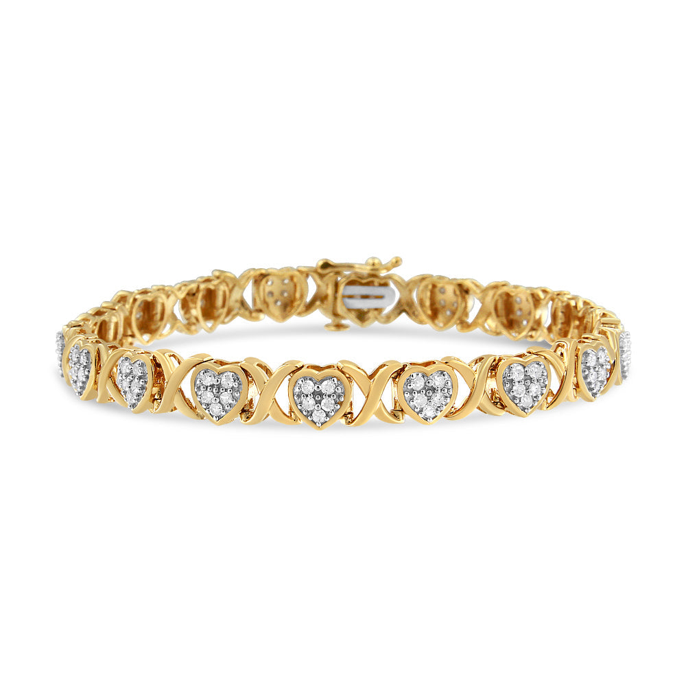 14KY Yellow Gold Plated .925 Sterling Silver 1.00 Cttw Diamond Heart and X Link Bracelet (I-J Color, I3 Clarity) - 7.25' Inches
