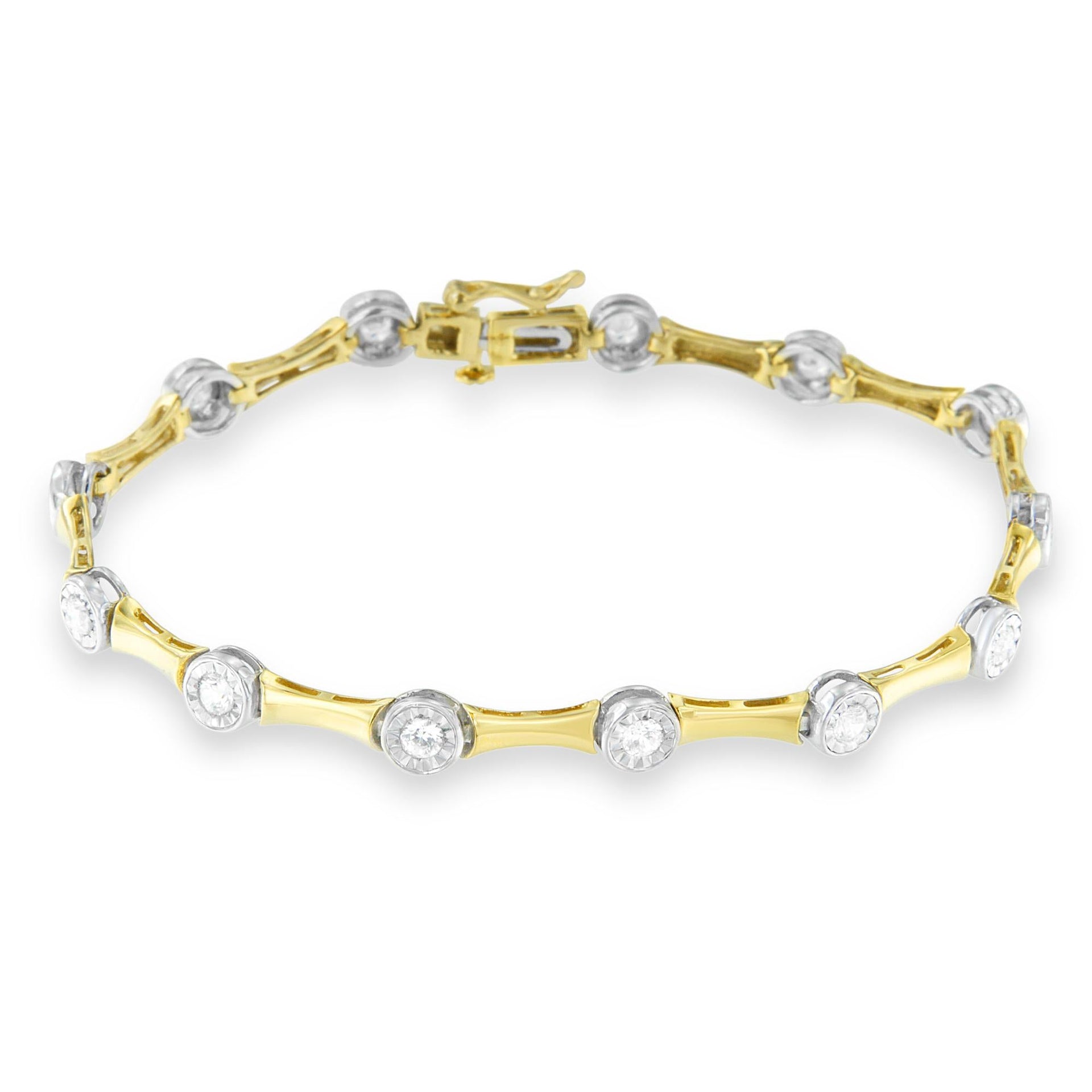 10K Yellow Gold Flashed .925 Sterling Silver 1.0 Cttw Miracle Set Round-Cut Diamond Bezel Style Link Bracelet (I-J Color, I1-I2 Clarity) - 7'