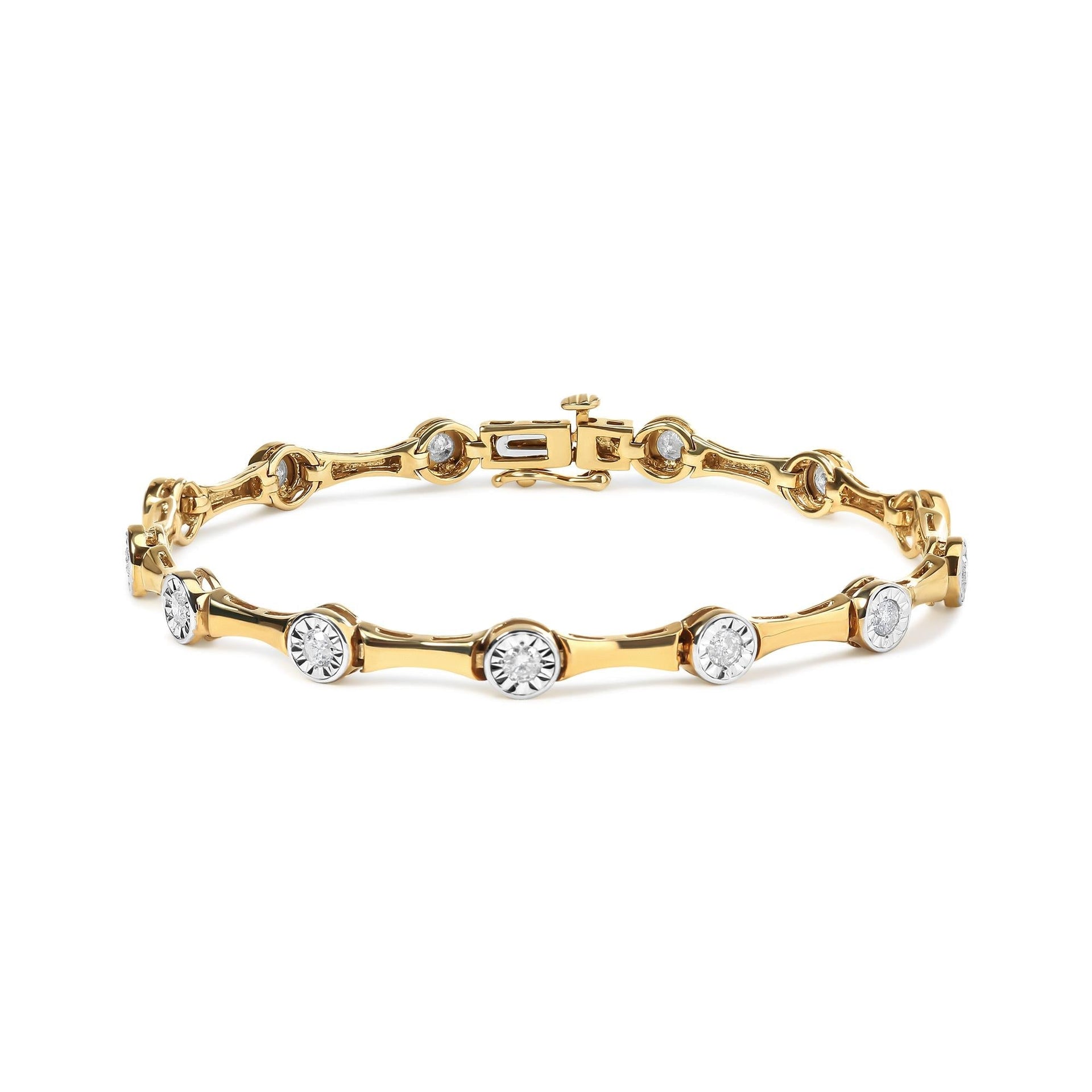 10K Yellow Gold Plated .925 Sterling Silver 1.0 Cttw Miracle Set Diamond Bezel Style Station Link Bracelet (H-I Color, I3 Clarity) - Size 7'