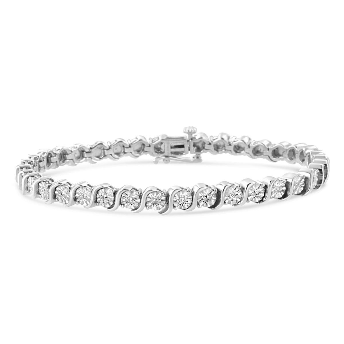 .925 Sterling Silver 1/10 Cttw Diamond Round Miracle Plate and 'S' Link Tennis Bracelet (I-J Color, I2- I3 Clarity) - 7'