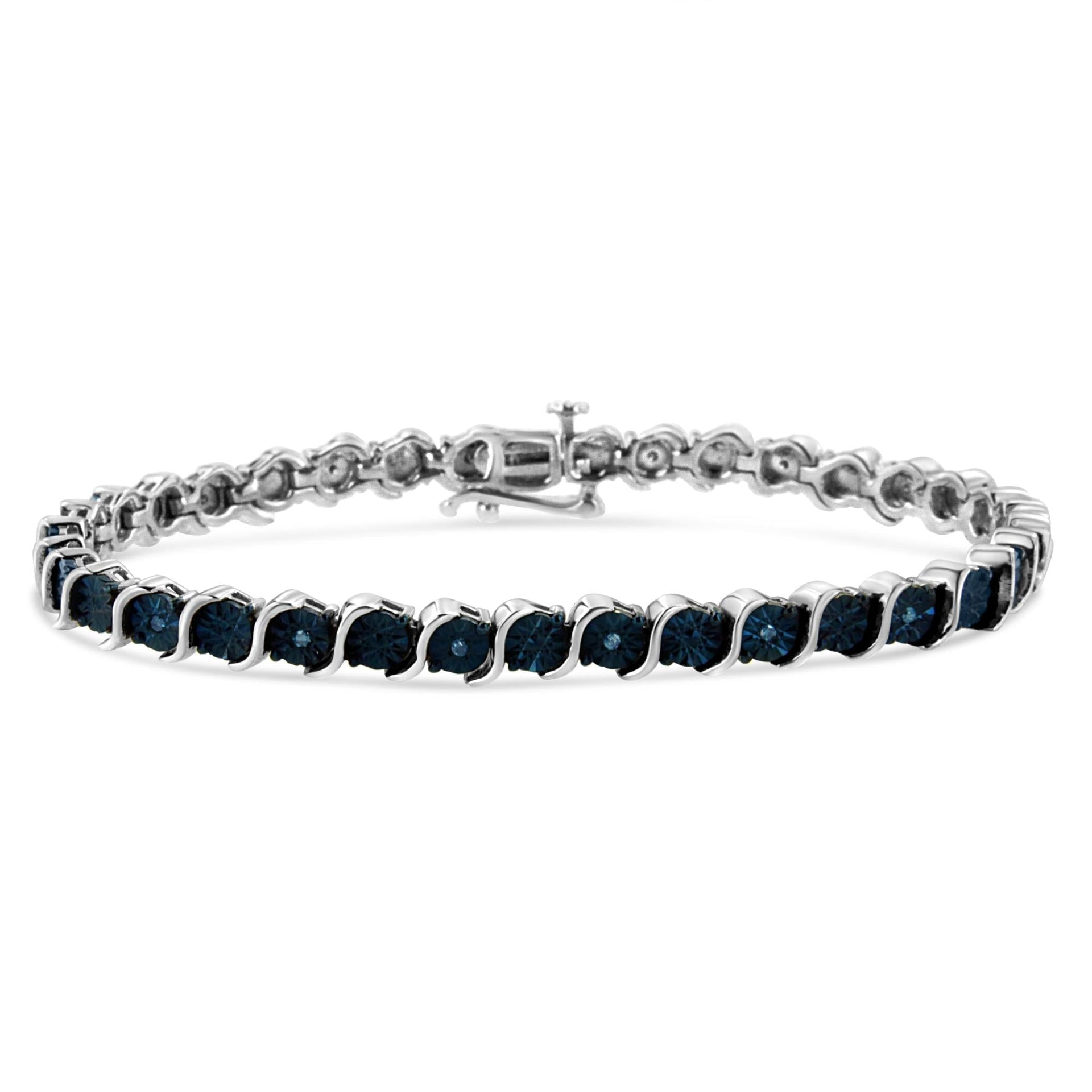 .925 Sterling Silver 1/10 Cttw Miracle-Set Treated Blue Color Diamond Miracle Plate 'S' Link Tennis Bracelet (Blue Color, I2- I3 Clarity) - 7.25'