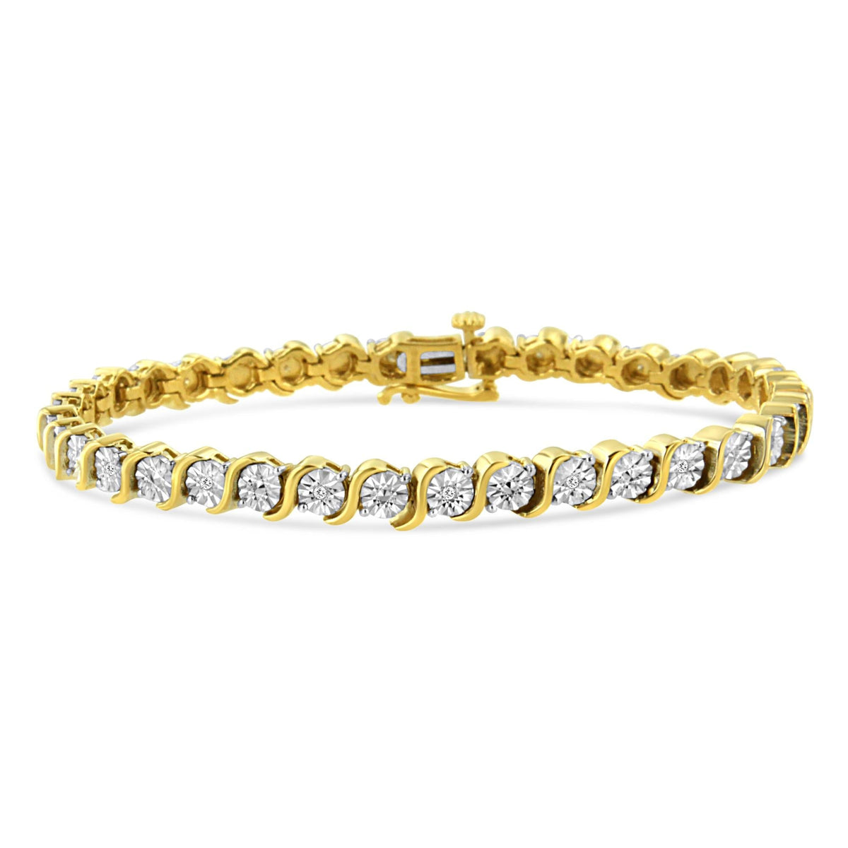 .925 Sterling Silver 1/10 Cttw Diamond Round Miracle Plate and 'S' Link Tennis Bracelet (I-J Color, I2- I3 Clarity) - 7'