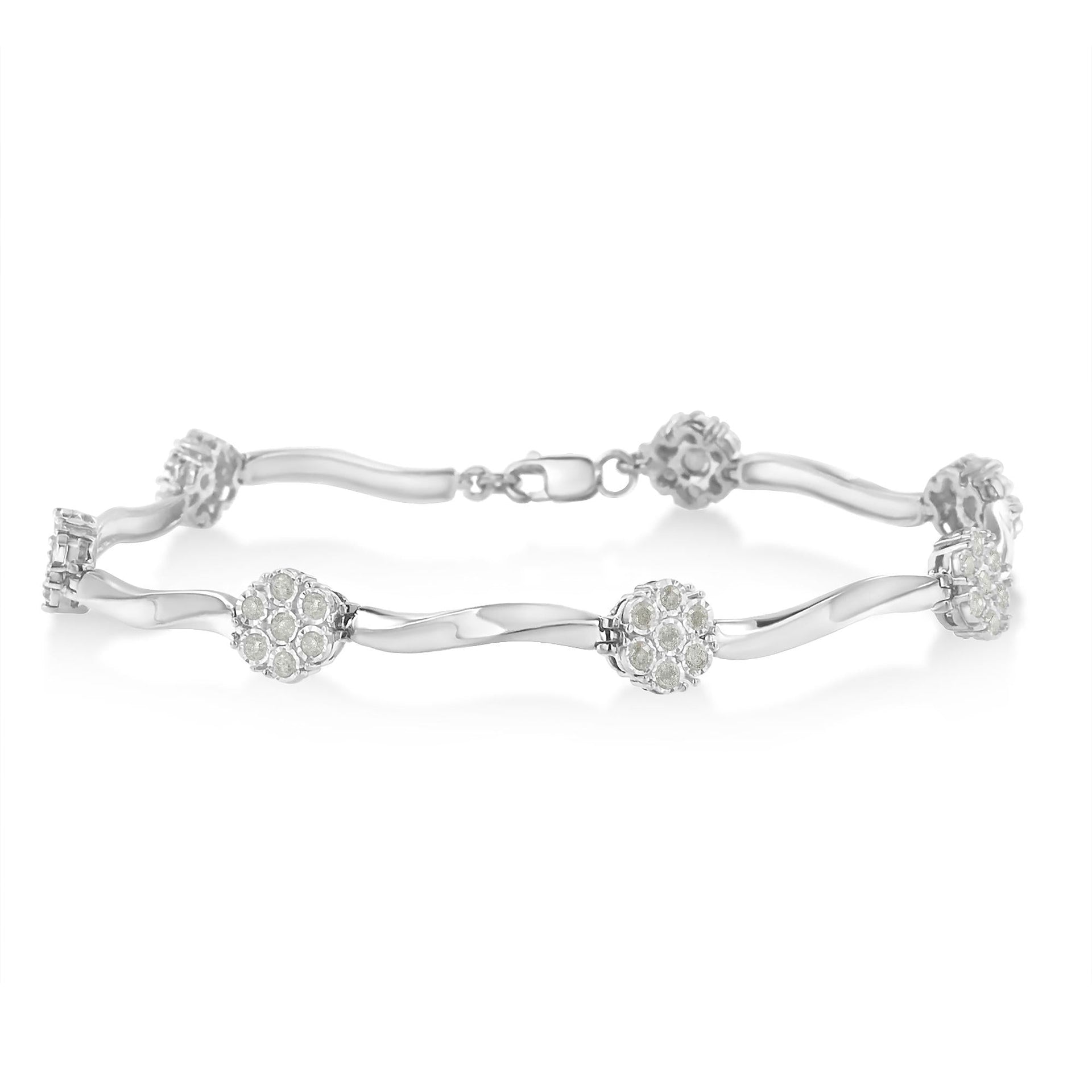 .925 Sterling Silver 1.0 cttw Miracle-Set Diamond 7 Stone Floral Cluster Link Bracelet (I-J Color, I3 Clarity) -7'