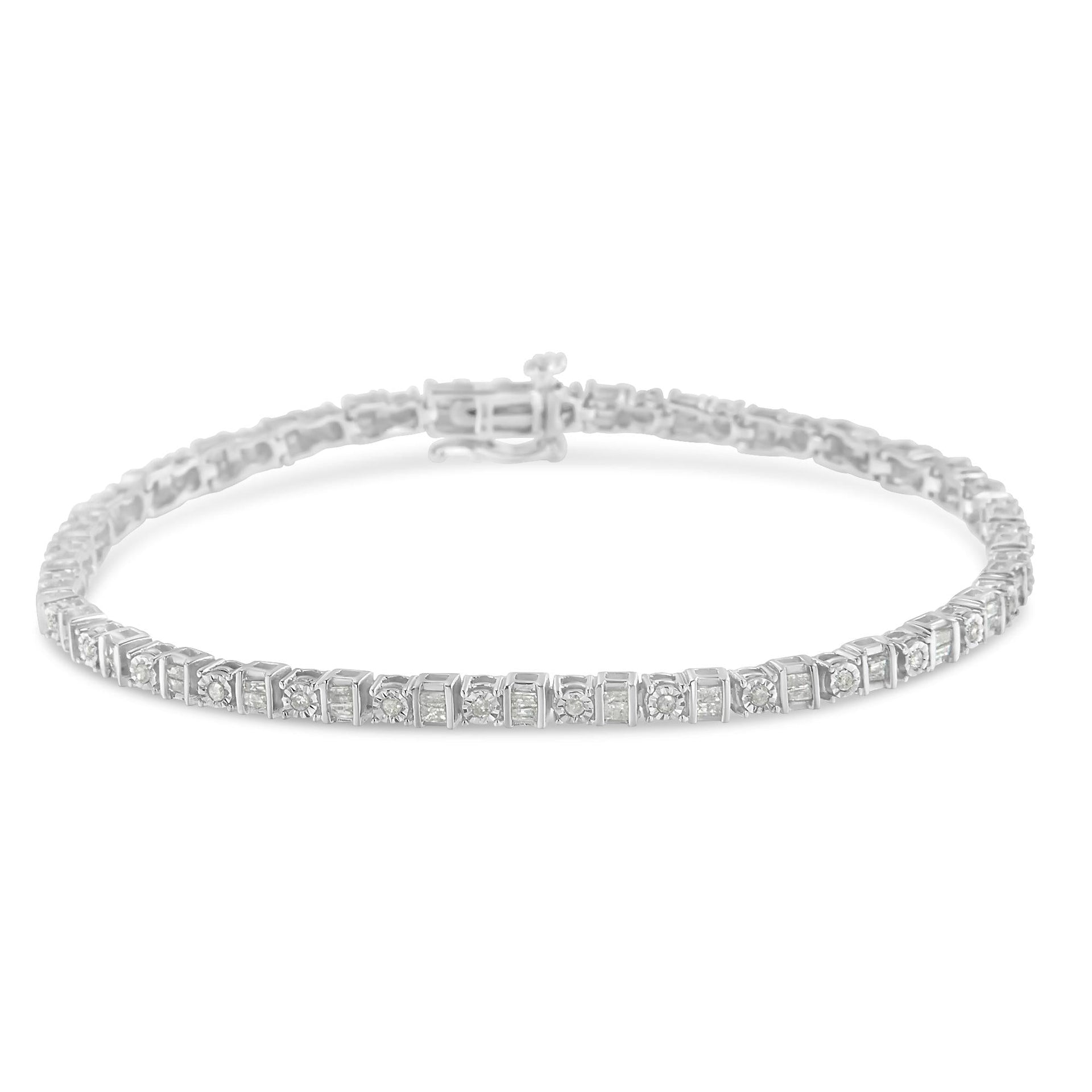 .925 Sterling Silver 1.0 Cttw Round & Baguette Cut Diamond 7' Alternating Round and Square Station Tennis Bracelet (I-J Color, I3 Clarity)