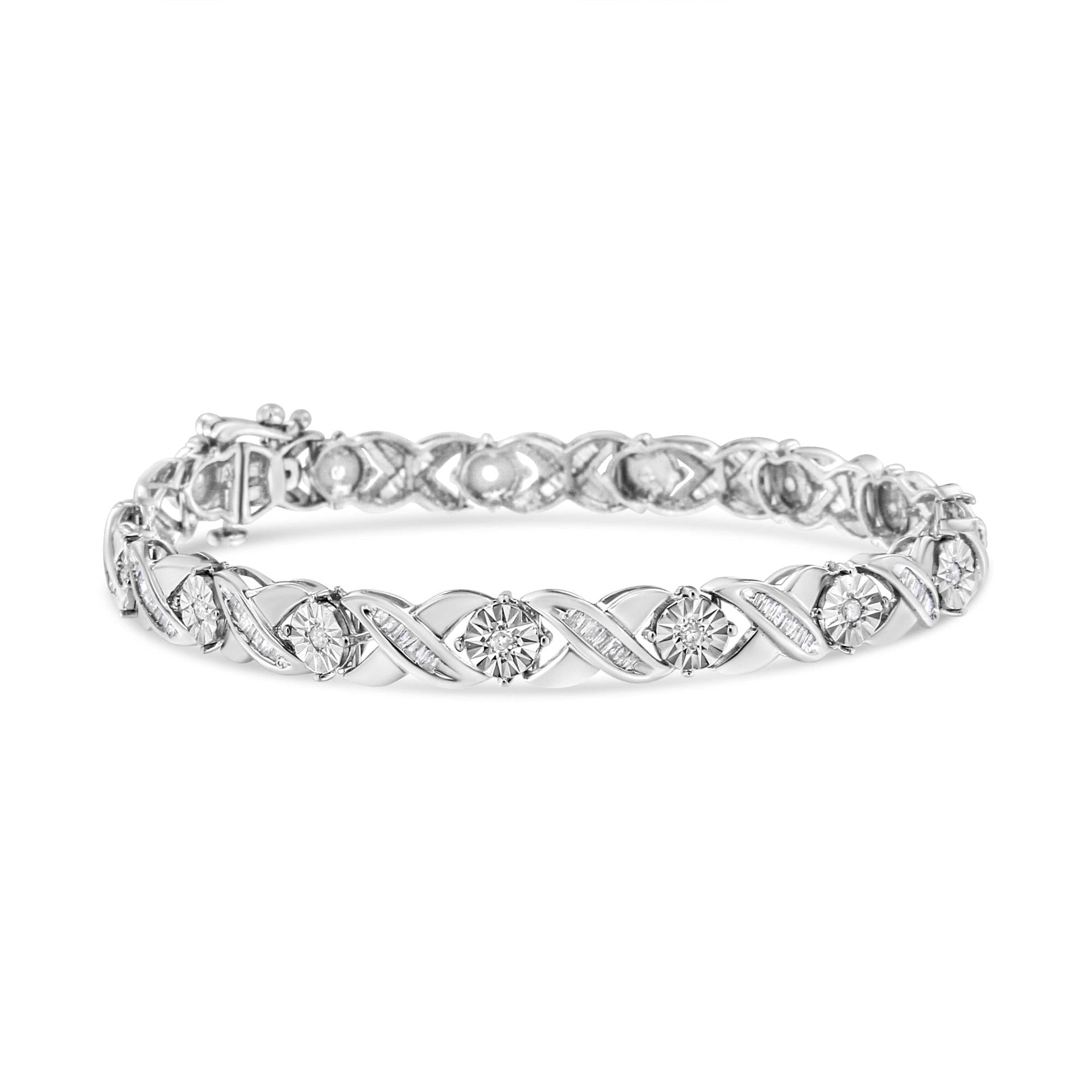 .925 Sterling Silver 1.0 Cttw Round-Brilliant and Baguette Cut Diamond Miracle-Set X-Link 7' Tennis Bracelet (I-J Color, I2-I3 Clarity)