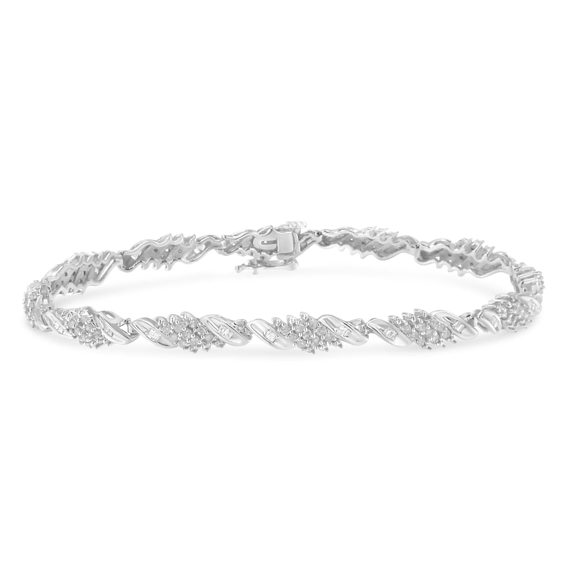 .925 Sterling Silver 1-1/2 Cttw Round and Baguette Cut Diamond Wave Link Bracelet (I-J Color, I2-I3 Clarity) - 7'