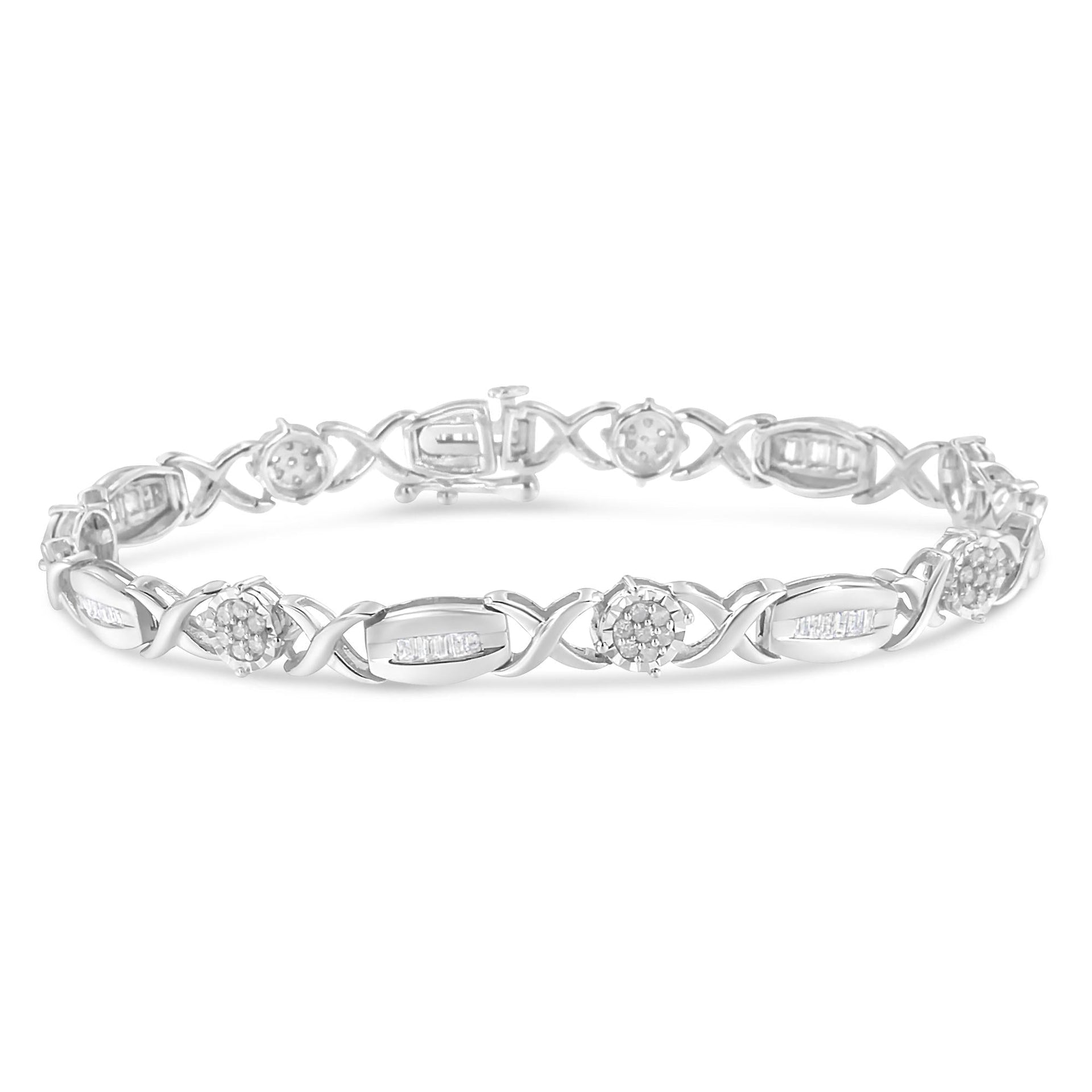.925 Sterling Silver 1.0 Cttw Round-Cut and Baguette-Cut Diamond X-Link Bracelet (I-J Color, I1-I2 Clarity) - 7'