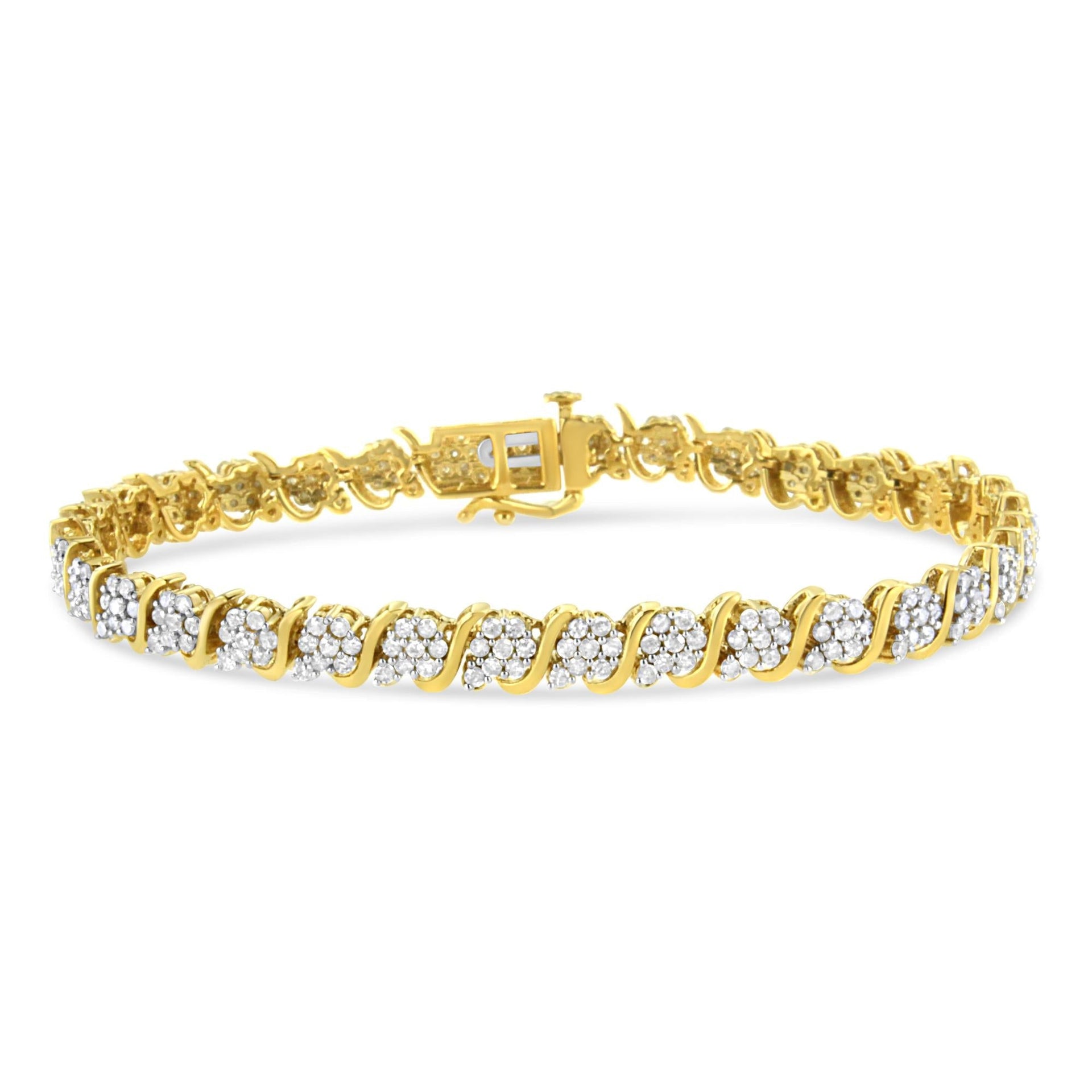 14K Yellow Gold Plated .925 Sterling Silver 3.00 Cttw Diamond Alternating Flower Cluster and 'S' Link Tennis Bracelet (L-M Color, I2-I3 Clarity) - 7.25'