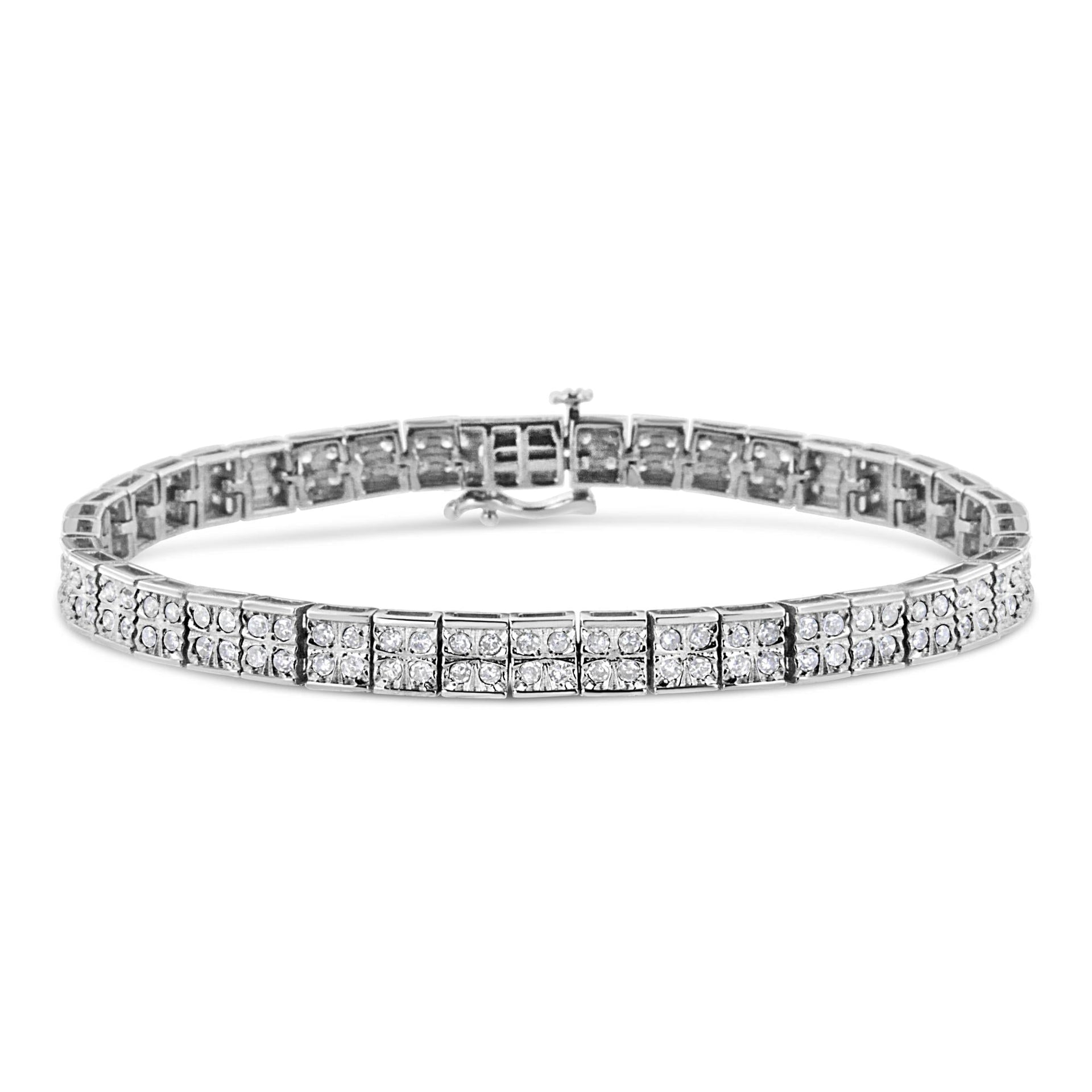 .925 Sterling Silver 2 Cttw Prong Set Round-Cut Diamond 4 Stone Box Link Bracelet (I-J Color, I3 Clarity) - 7.25'