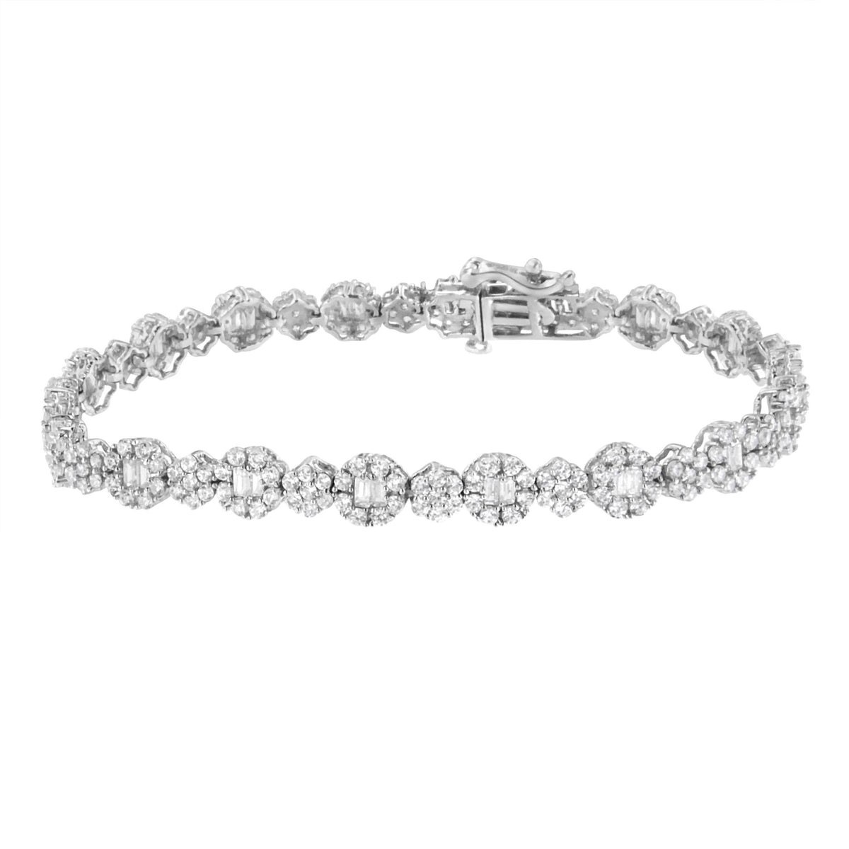 10K White Gold 4.0 cttw Brilliant Round-cut and Baguette Diamond Floral Cluster Link Bracelet (I-J Clarity, I1-I2 Color) - Size 7'
