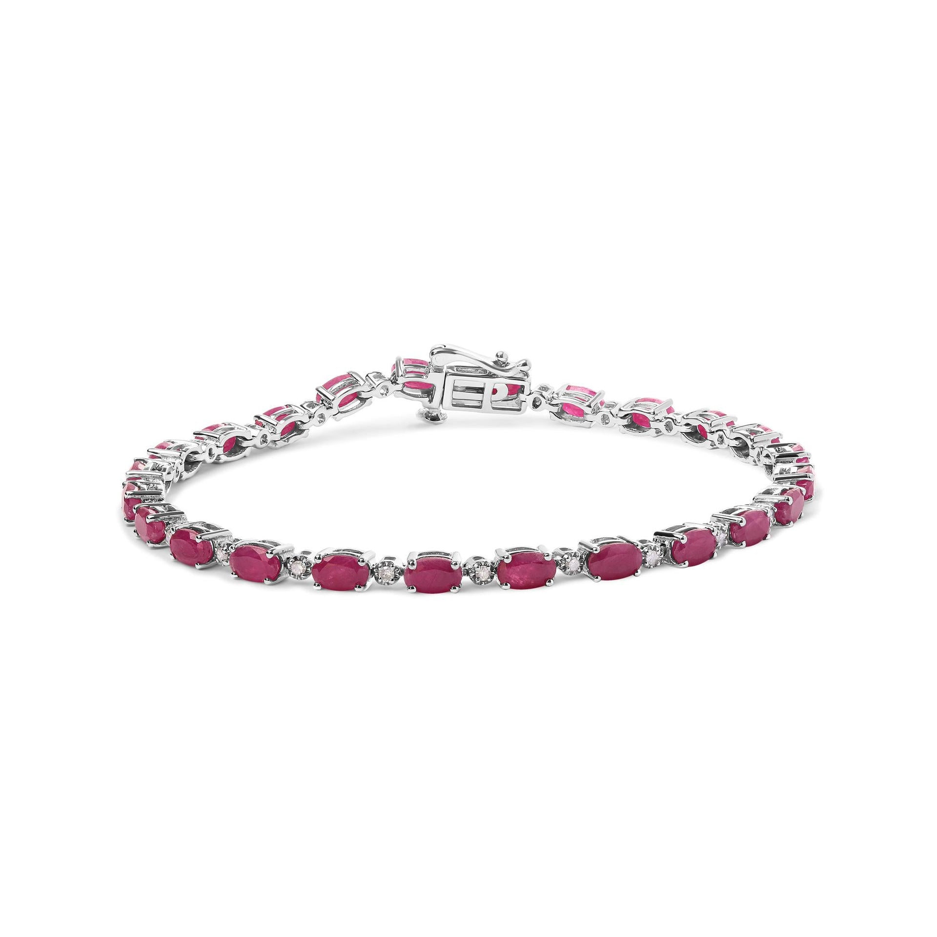 .925 Sterling Silver Oval Ruby and 1/4 Cttw Diamond Link Bracelet - Size 7.25' -  (I-J Color, I2-I3 Clarity)