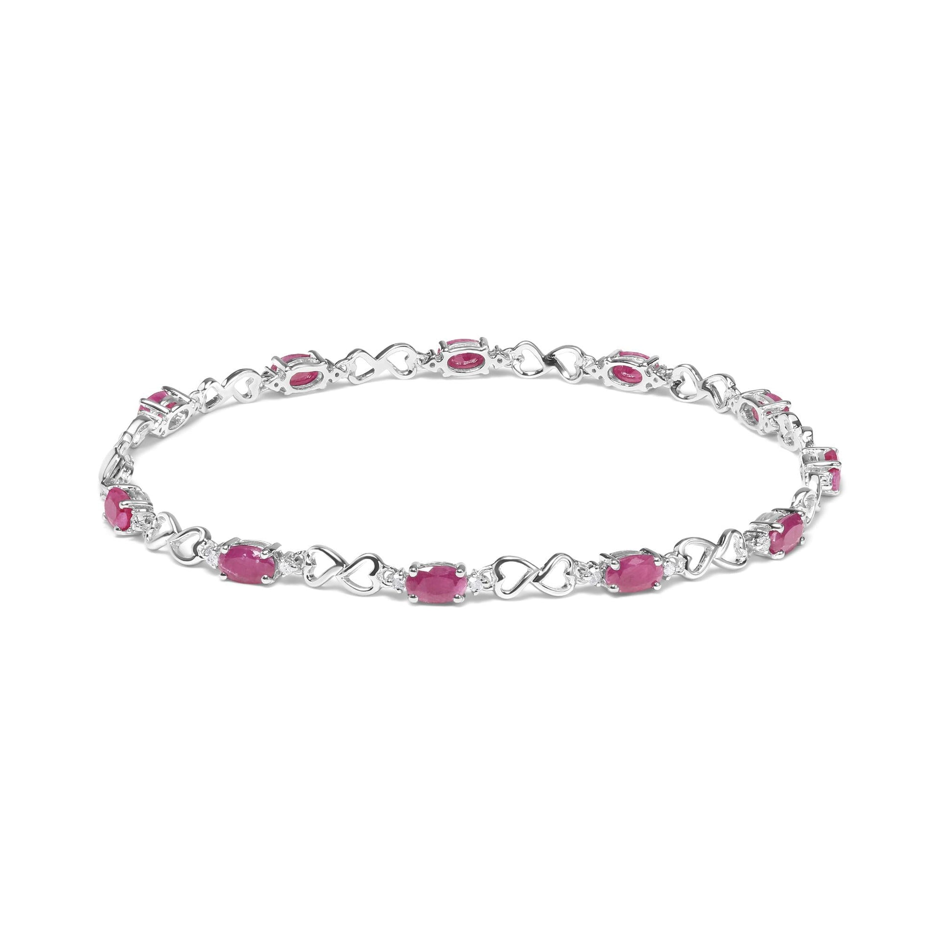 .925 Sterling Silver Pink Oval Shaped Ruby and 1/4 Cttw Diamond 7.25' Link Bracelet (I-J Color, I2-I3 Clarity)