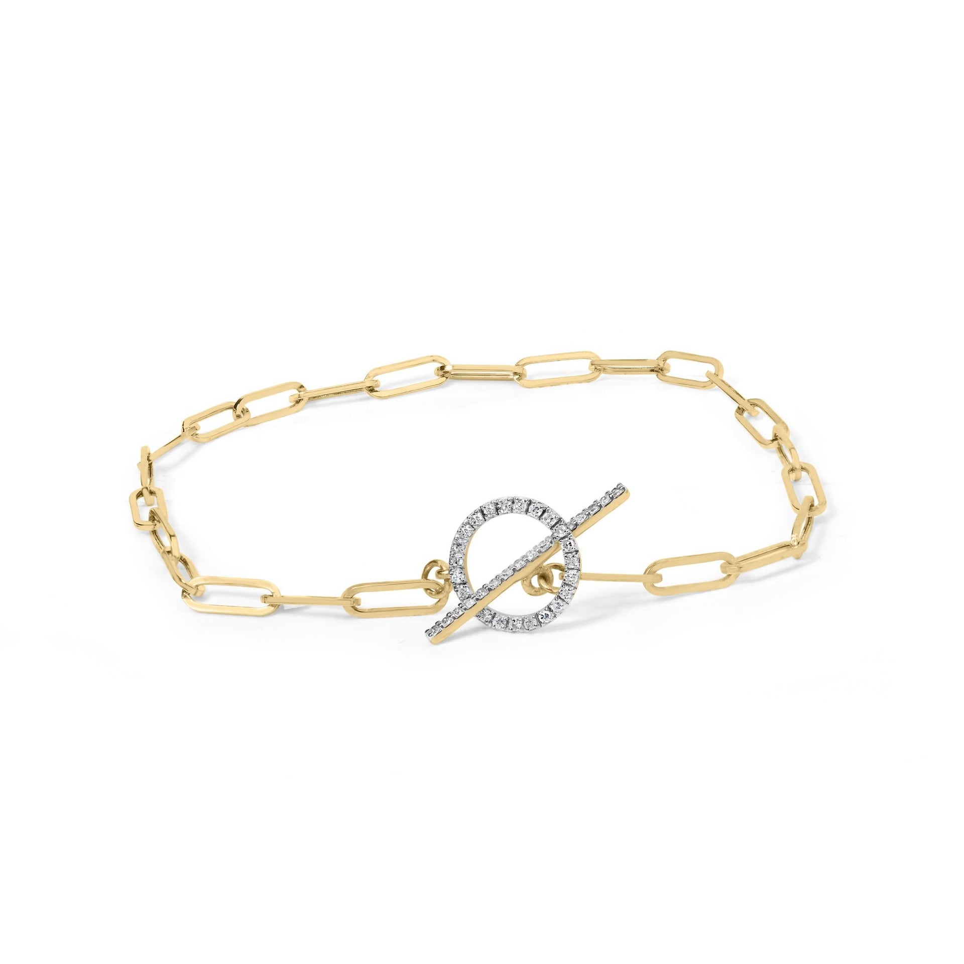 14KT Yellow Gold 1/4ct Cttw Diamond Bar and Hoop Toggle Paperclip Chain Bracelet (I-J Color, I1-I2 Clarity) - 7.25'