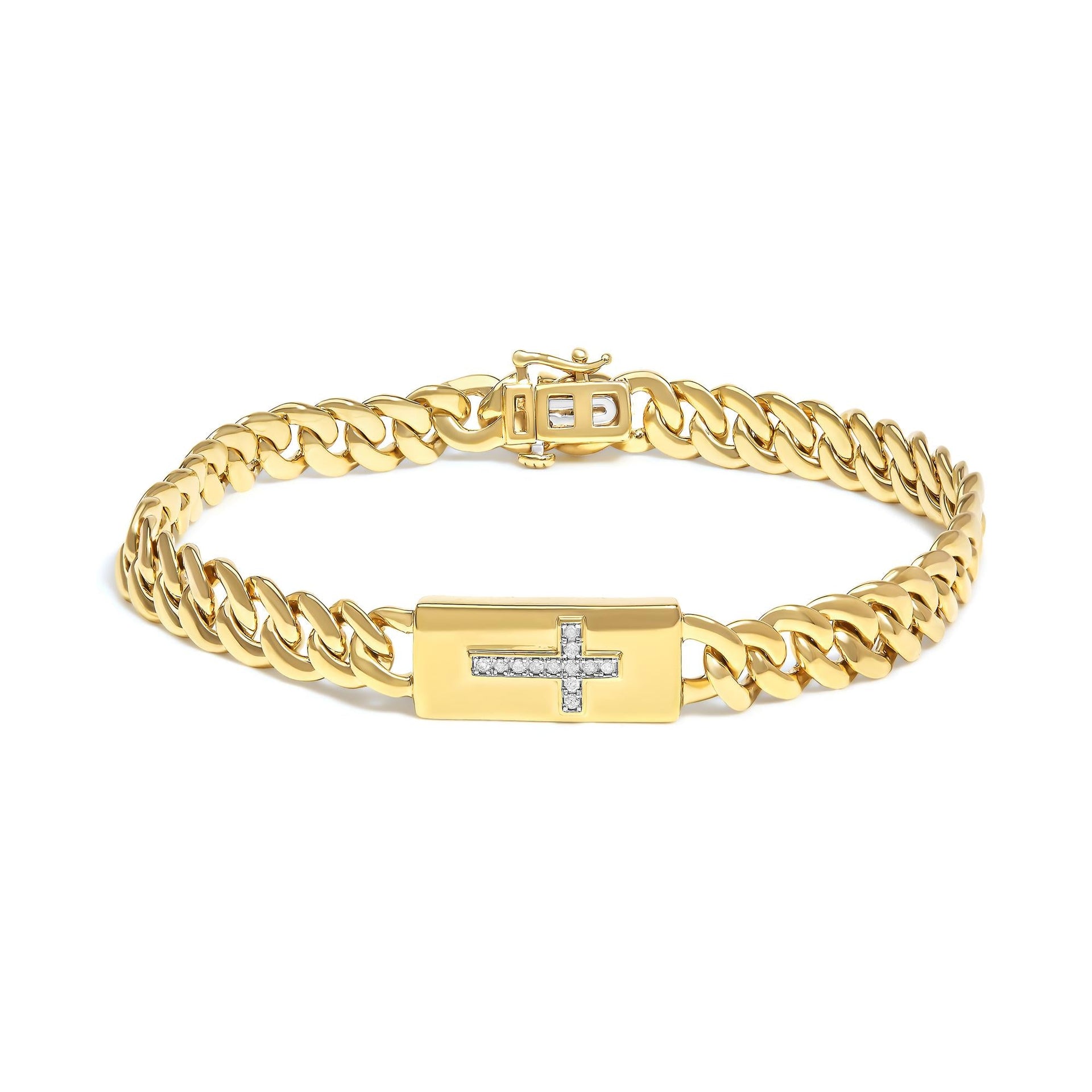 14K Yellow Gold Plated .925 Sterling Silver Diamond Accent Inlaid Cross Cuban Link Bracelet (I-J Color, I3 Clarity)-  7.25'