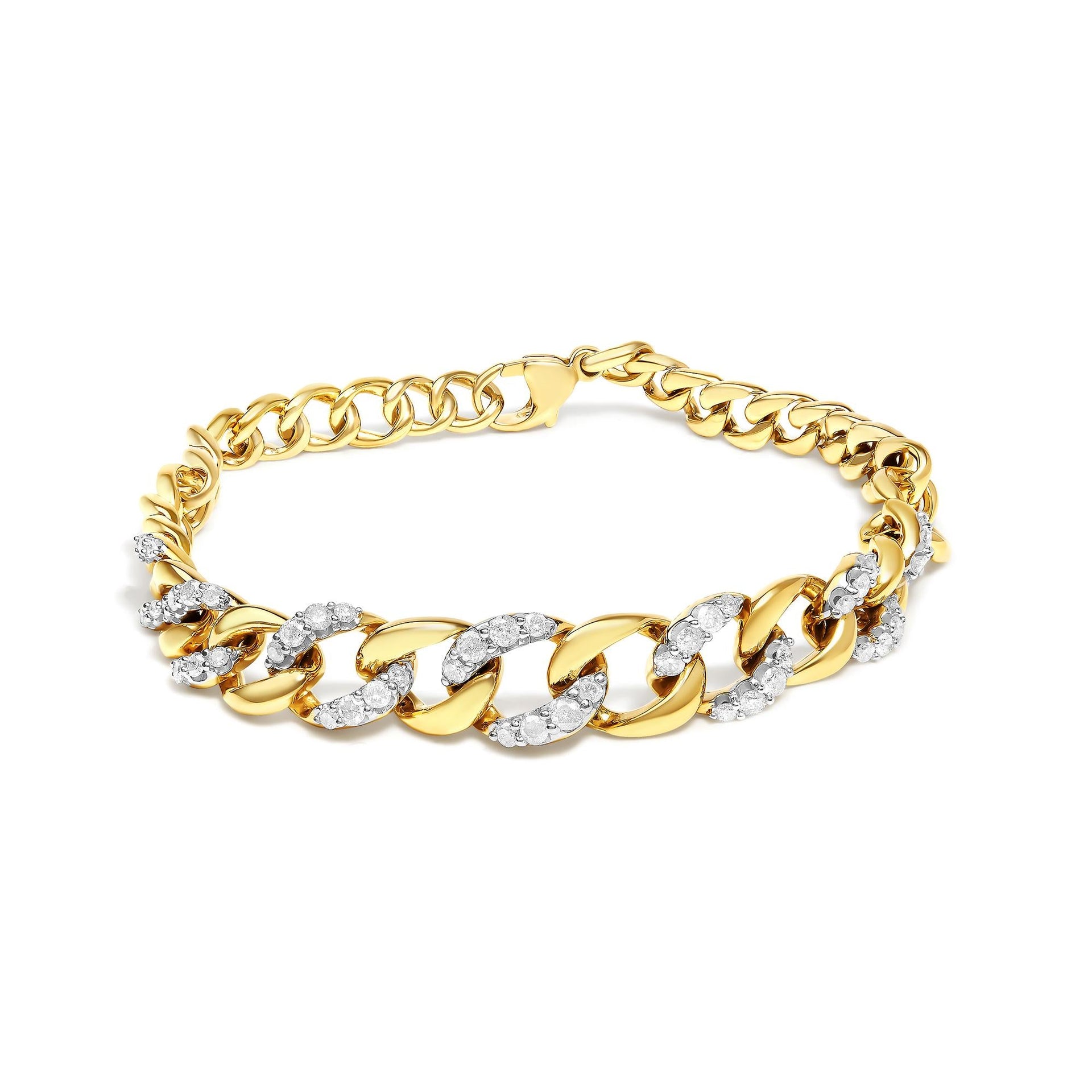 14K Yellow Gold Plated .925 Sterling Silver 1 1/4 Cttw Diamond Cuban Chain Link Bracelet (I-J Color, I3 Clarity)-  7.25'