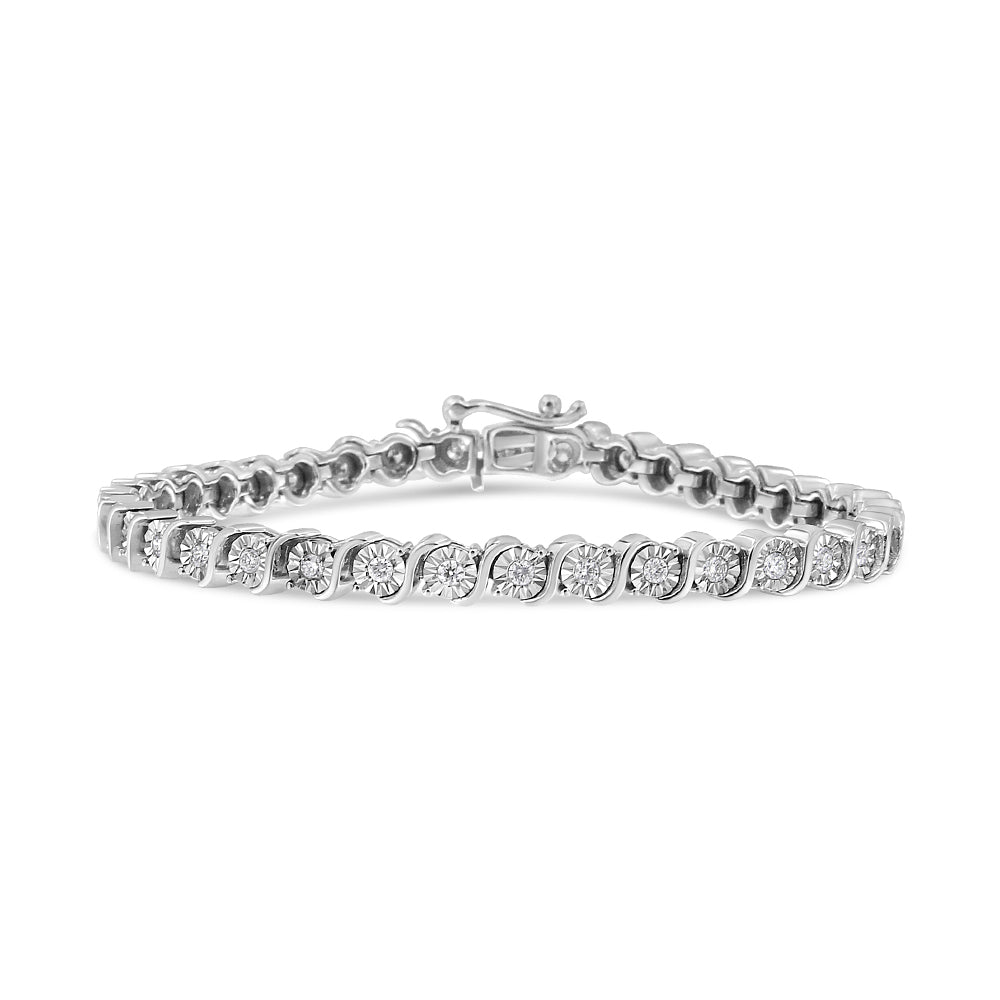 14K White Gold 1.00 Cttw Lab Grown Diamond Round Miracle Plate and 'S' Link Tennis Bracelet (F-G Color, VS2-SI1 Clarity) Size 7'