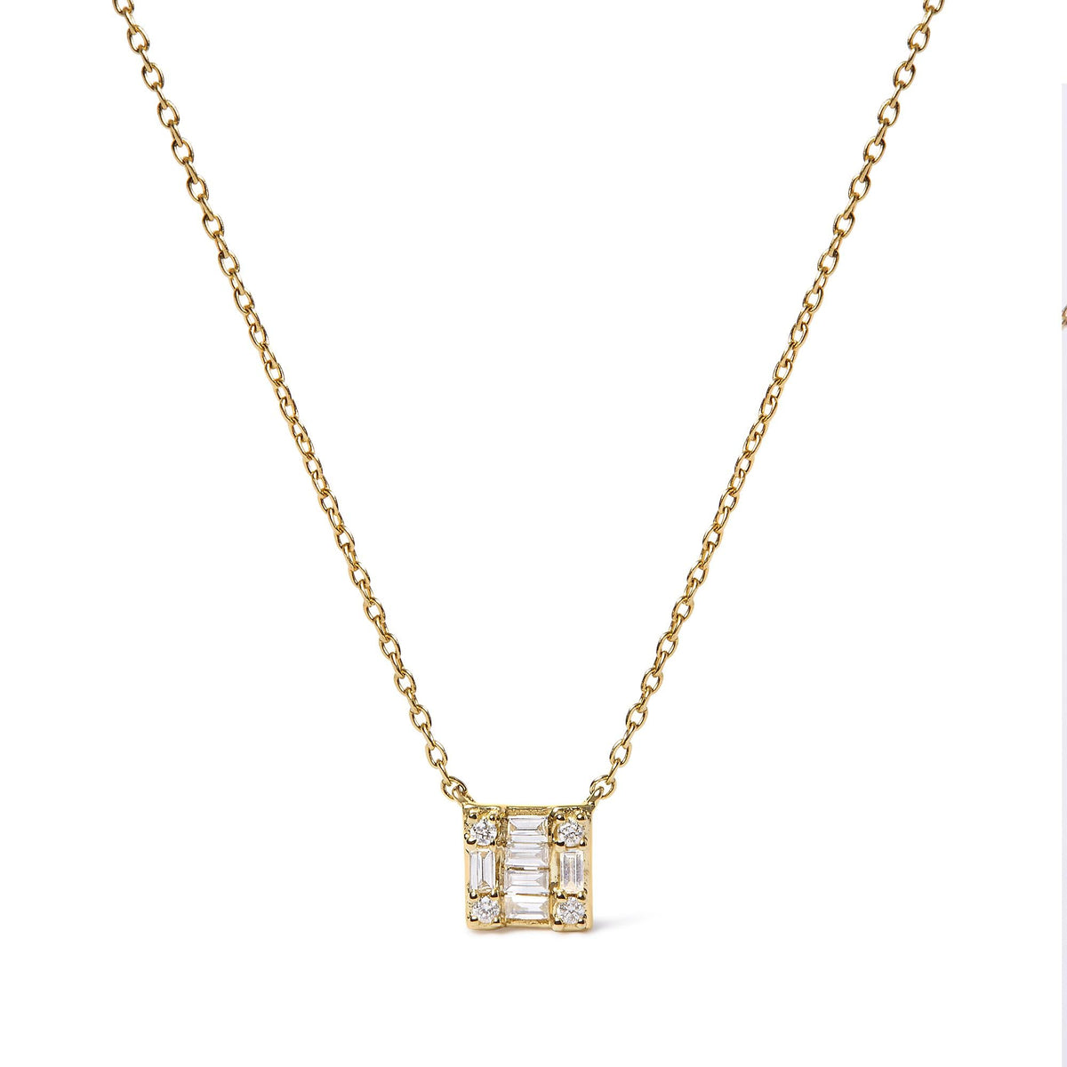10K Yellow Gold 1/10 Cttw Round and Baguette Diamond Mosaic Composite Square 18' Inch Pendant Necklace (H-I Color, I1-I2 Clarity)
