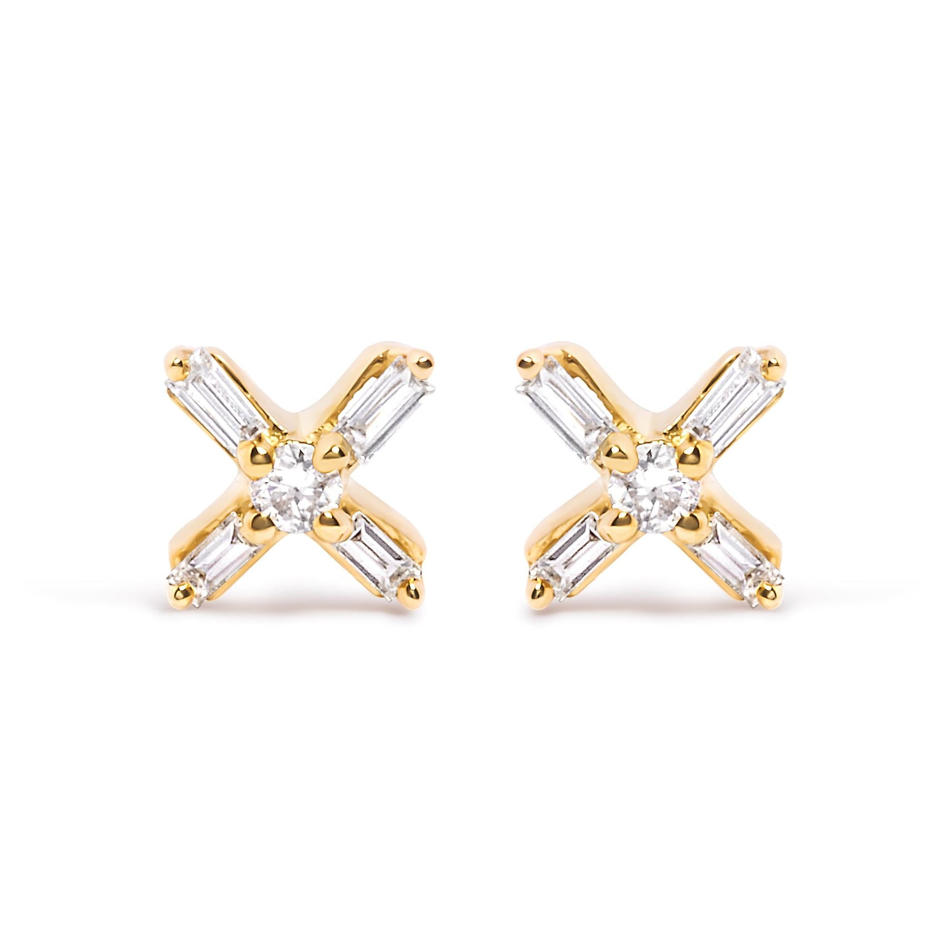 10K Yellow Gold 1/10 Cttw Round and Baguette Diamond Criss Cross X Stud Earring (H-I Color, I1-I2 Clarity)